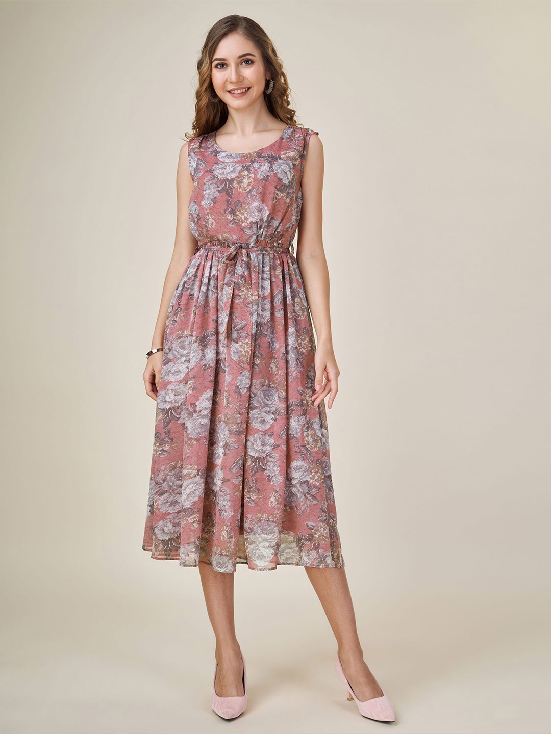 

MOJILAA Floral Printed Gathered Fit & Flare Midi Dress, Brown