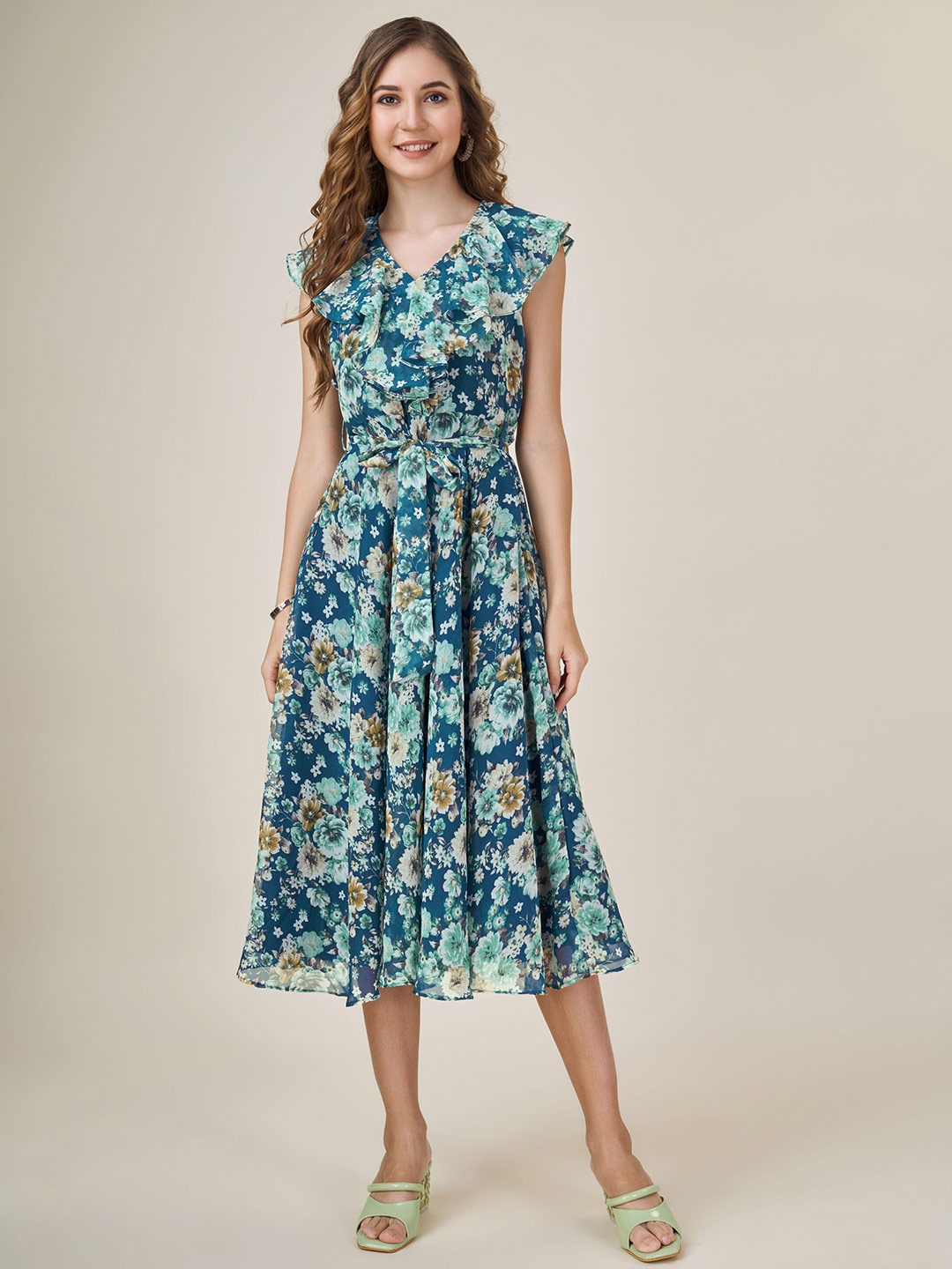

MOJILAA Floral Printed Flutter Sleeve Georgette Fit & Flare Midi Dress, Teal