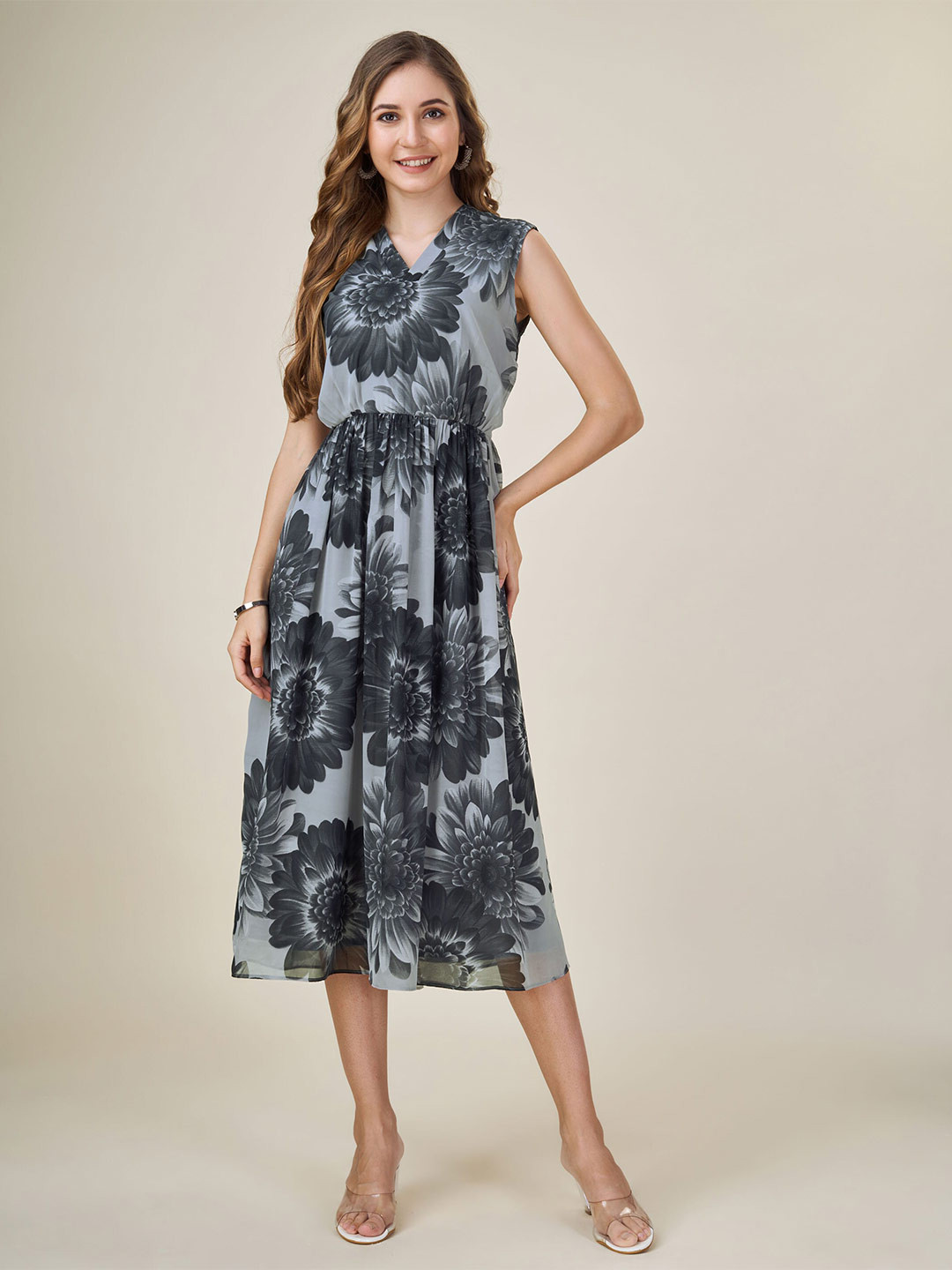 

MOJILAA Floral Printed V-Neck Georgette Fit & Flare Midi Dress, Black