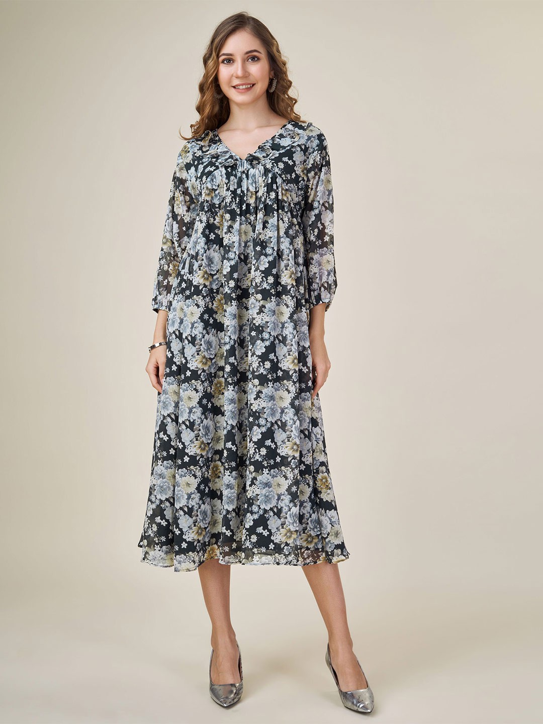 

MOJILAA Women Georgette Floral Printed Empire Dress With Ruffles, Black