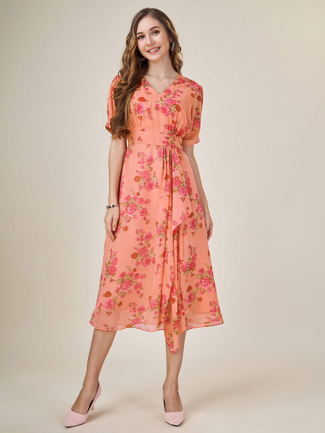 MOJILAA Floral Printed Georgette Fit & Flare Midi Dress, Orange