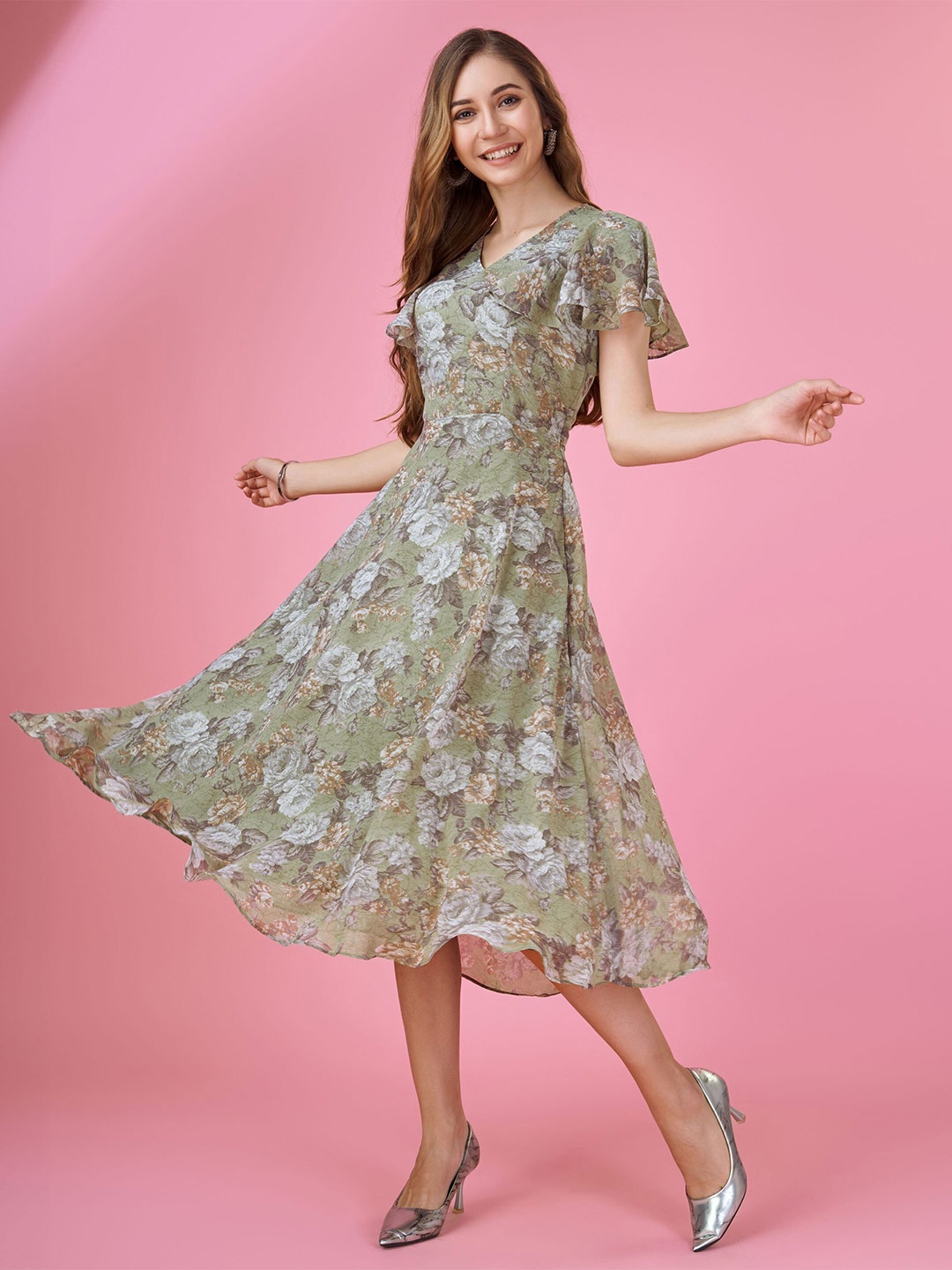 

MOJILAA Women Georgette Floral Printed Empire Dress With Ruffles, Olive