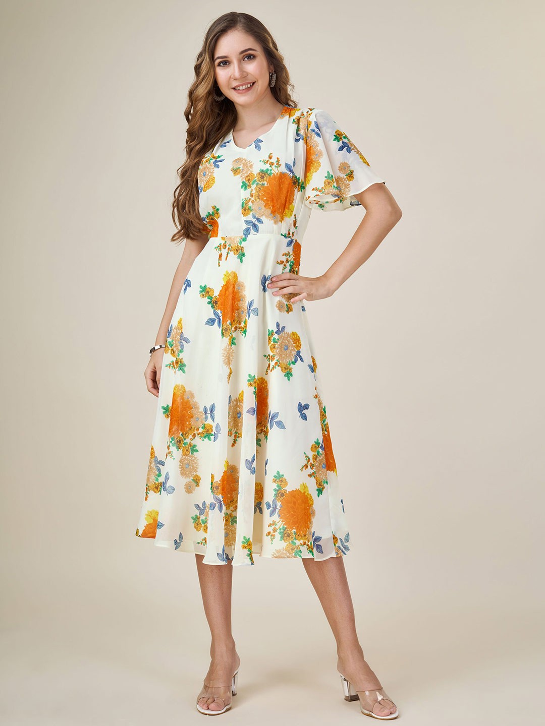 

MOJILAA Women Georgette Floral Printed Empire Dress, Orange
