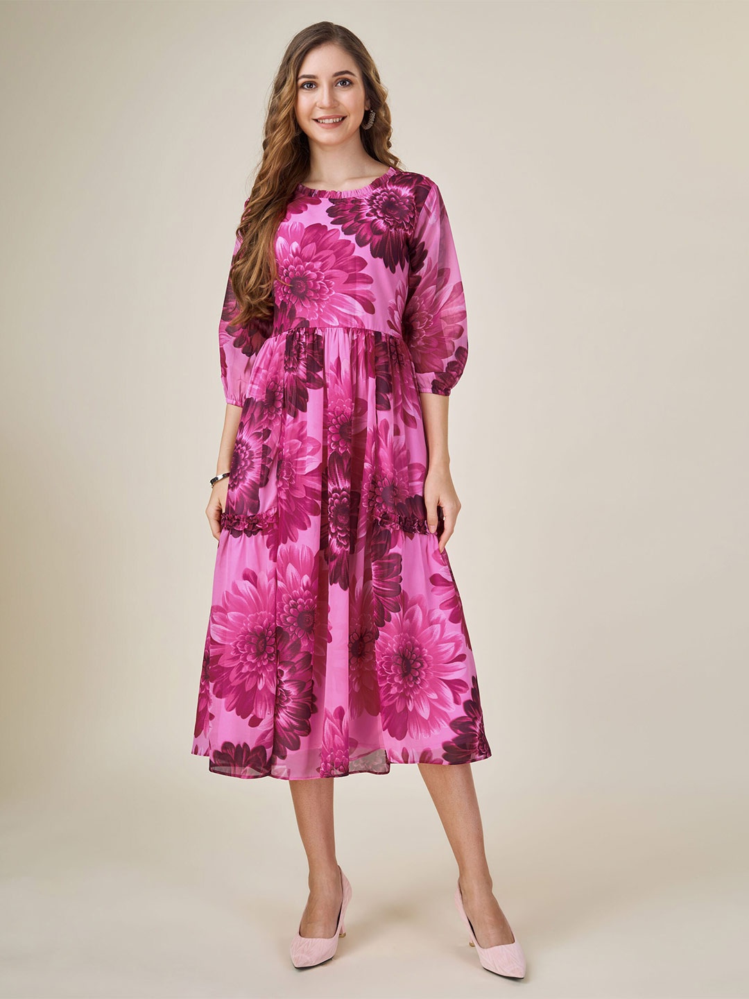 MOJILAA Floral Printed Puff Sleeve Georgette Fit & Flare Midi Dress, Pink