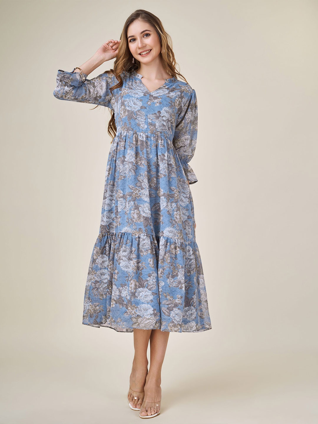 MOJILAA Floral Printed V-Neck Bell Sleeve Georgette Tiered A-Line Midi Dress, Blue