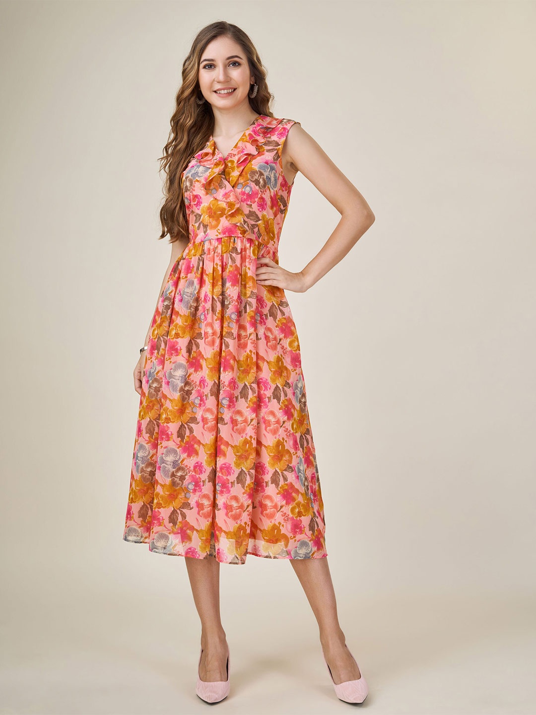 

MOJILAA Floral Printed Georgette Fit & Flare Midi Dress, Peach