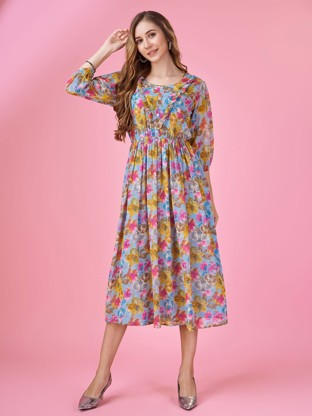 

MOJILAA Floral Printed Round Neck Three-Quarter Sleeves Fit & Flare Midi Dress, Blue
