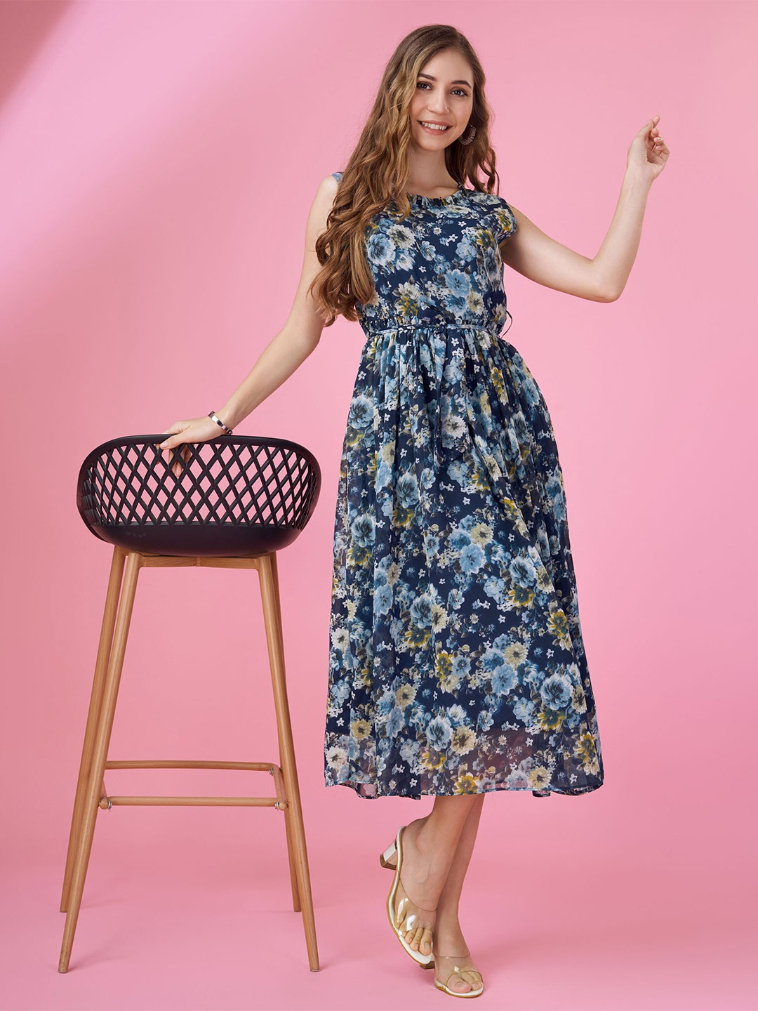 MOJILAA Women's Navy Blue Georgette Floral Printed Flared Dress With Belt