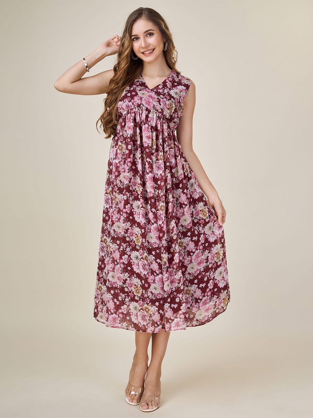 

MOJILAA Floral Printed Georgette Empire Midi Dress, Burgundy
