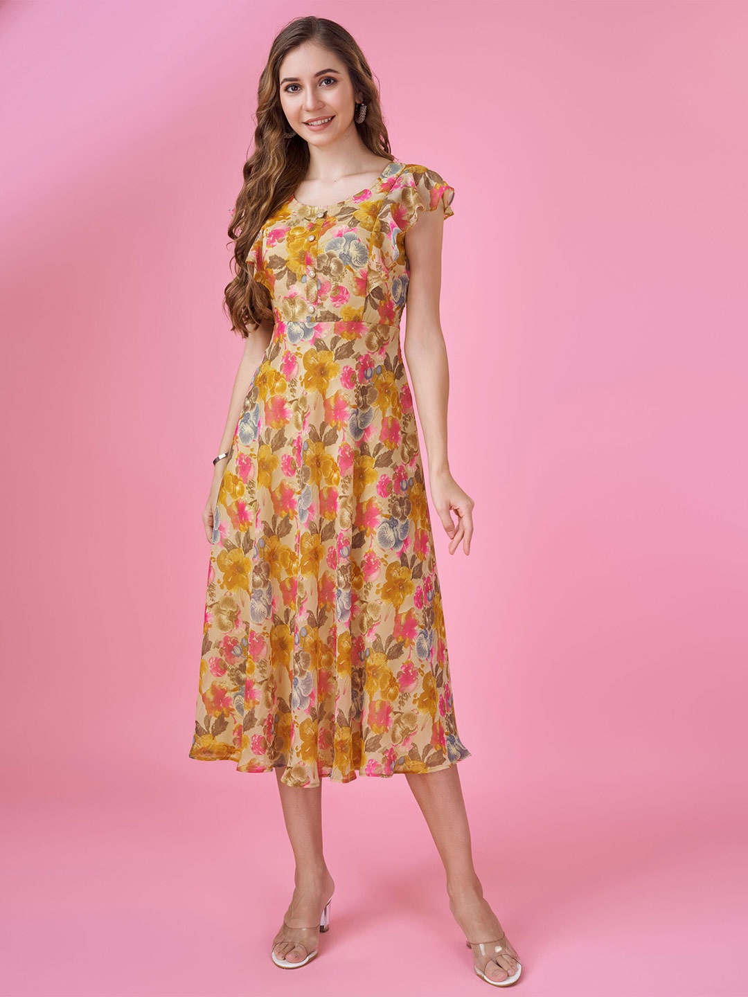

MOJILAA Floral Printed Flutter Sleeve Ruffled Georgette Fit & Flare Midi Dress, Mustard