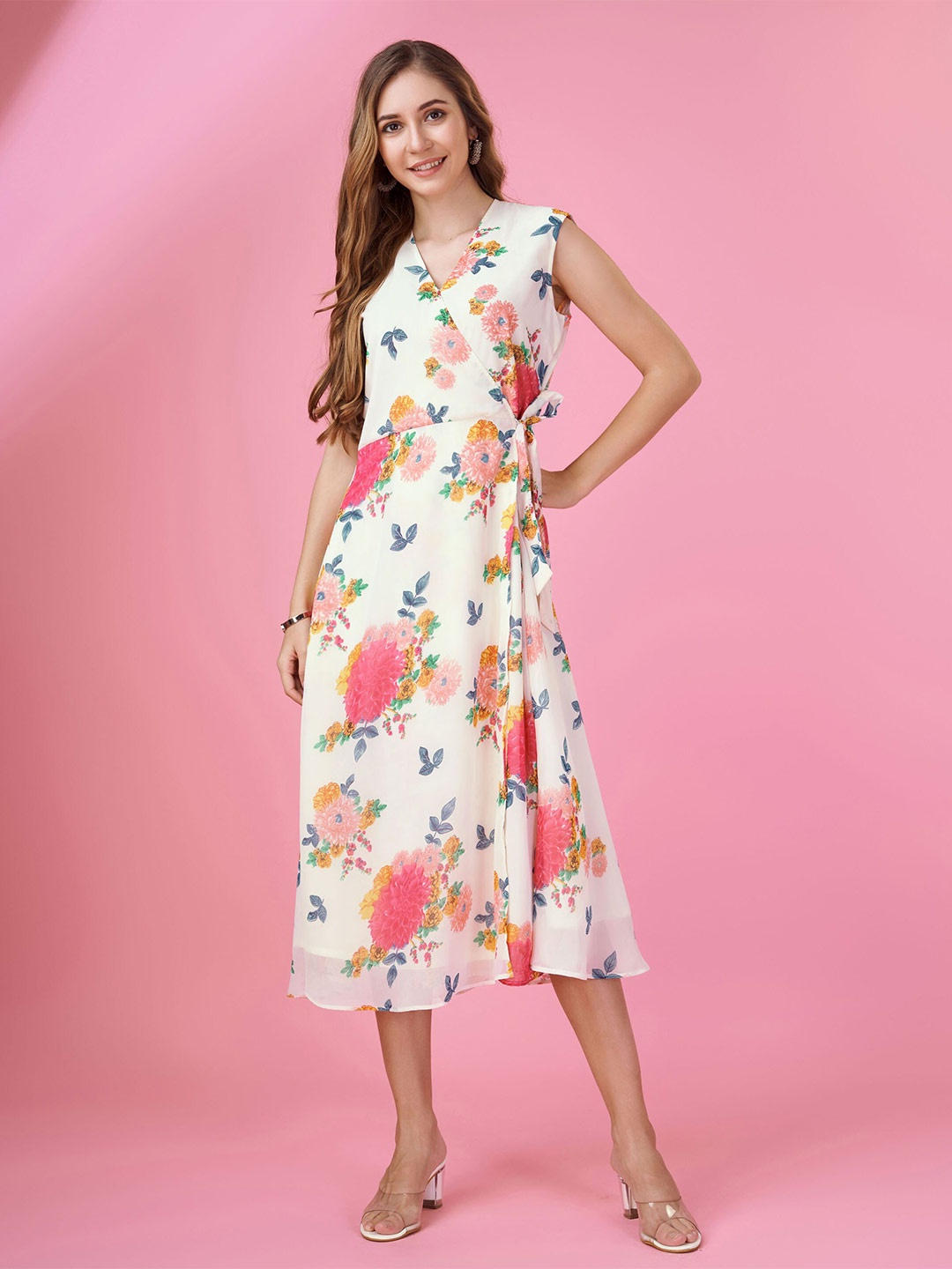 

MOJILAA Floral Printed Wrap Midi Dress, Pink