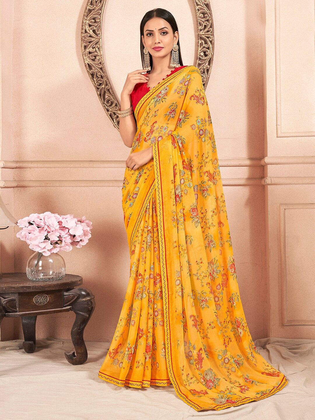 

Mitera Floral Pure Chiffon Saree, Yellow