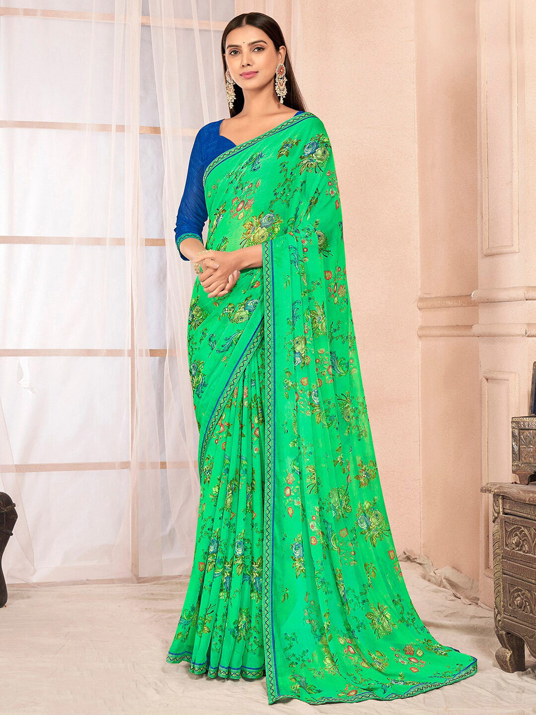 

Mitera Floral Printed Pure Chiffon Saree, Green
