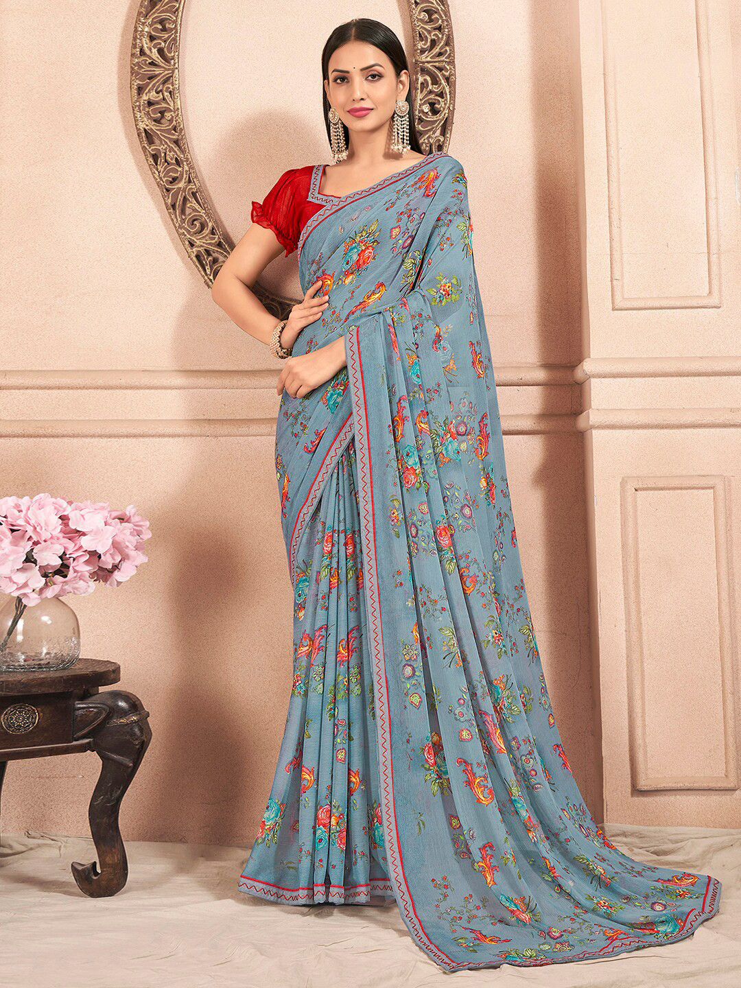 

Mitera Floral Embroidered Pure Chiffon Ikat Saree, Grey