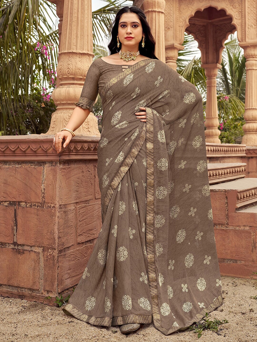 

Mitera Floral Printed Zari Pure Chiffon Ikat Saree, Brown