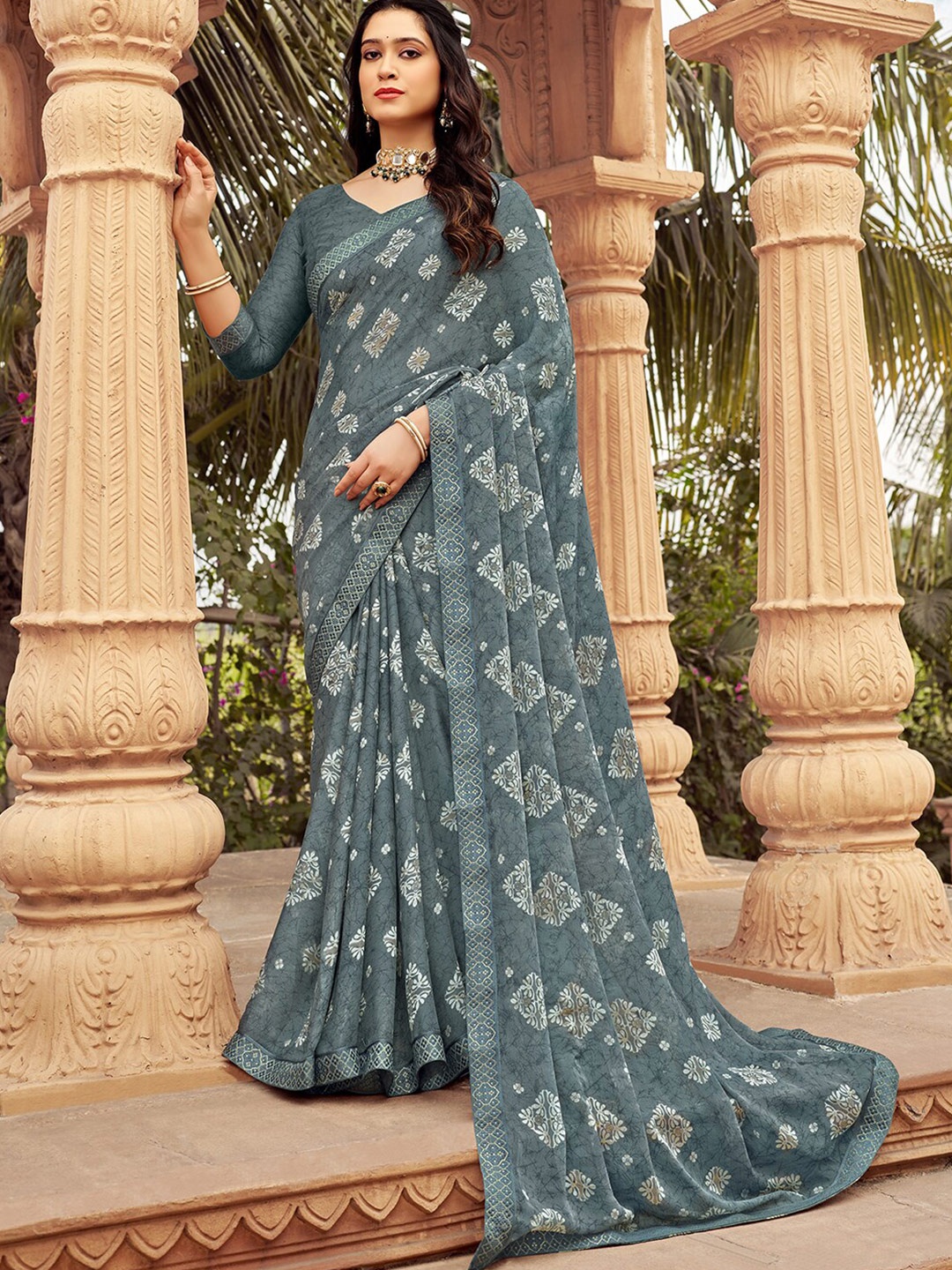 

Mitera Floral Pure Chiffon Saree, Grey