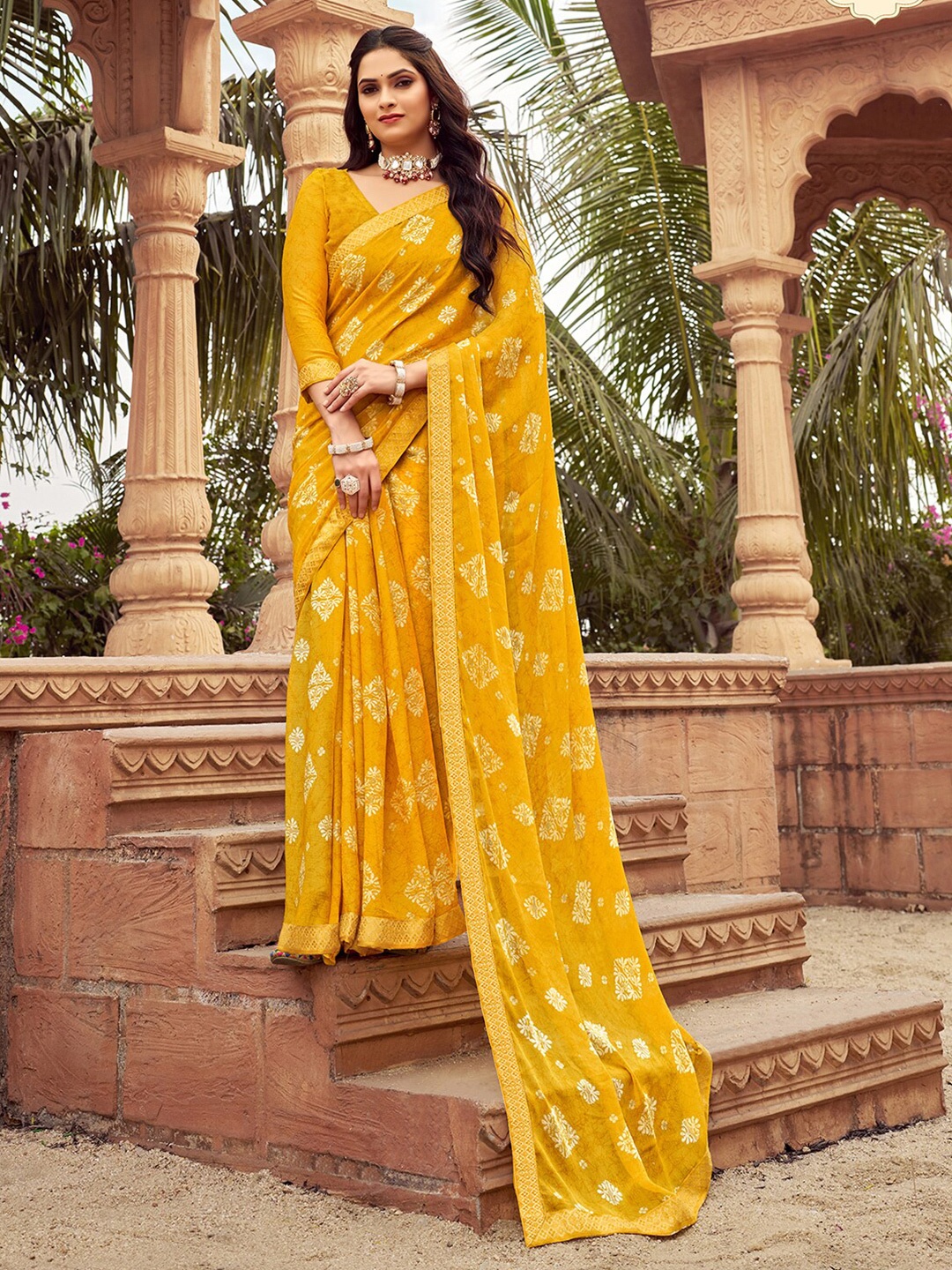 

Mitera Floral Printed Pure Chiffon Saree, Yellow
