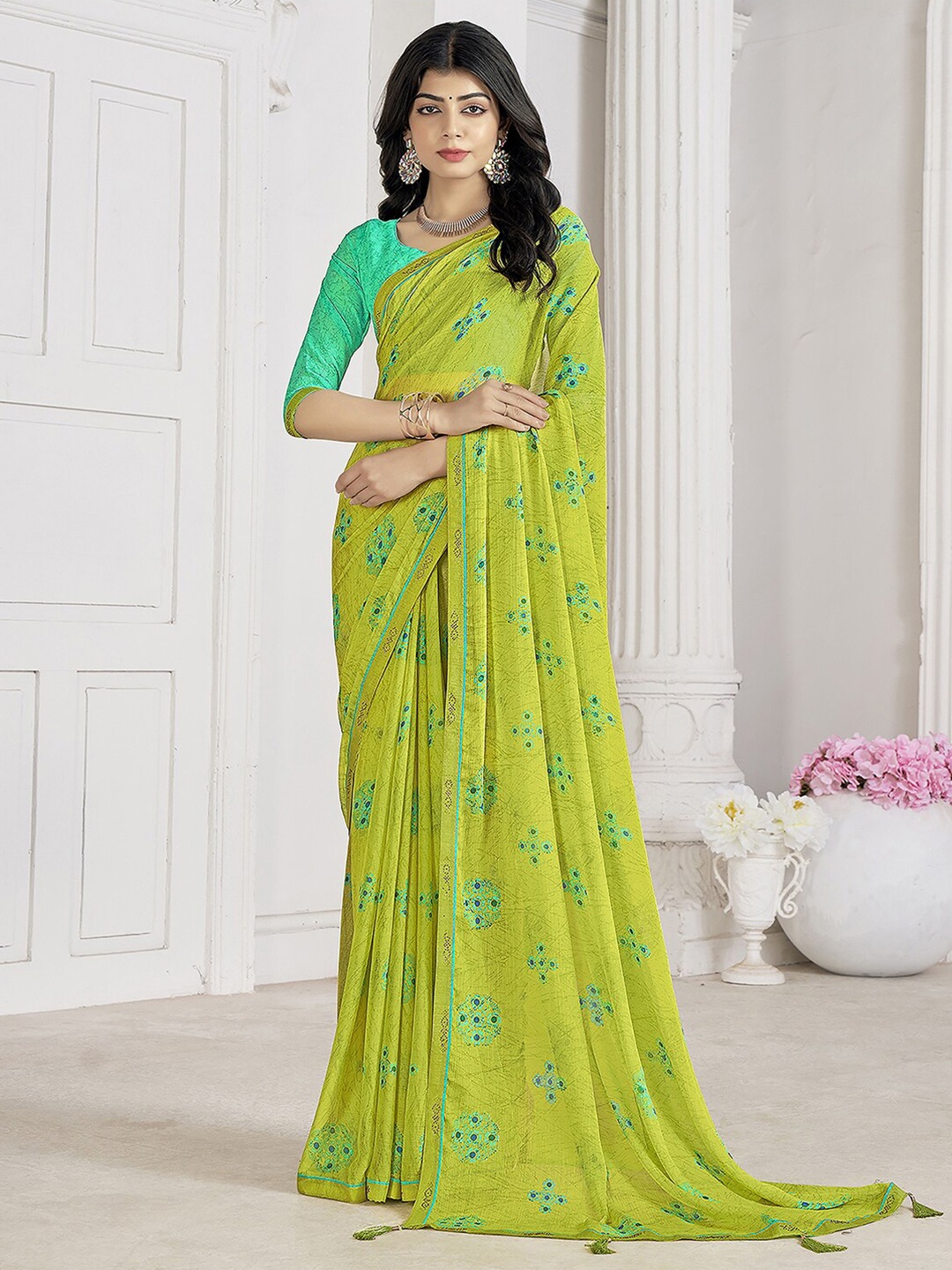 

Mitera Floral Printed Embellished Beads and Stones Saree, Lime green