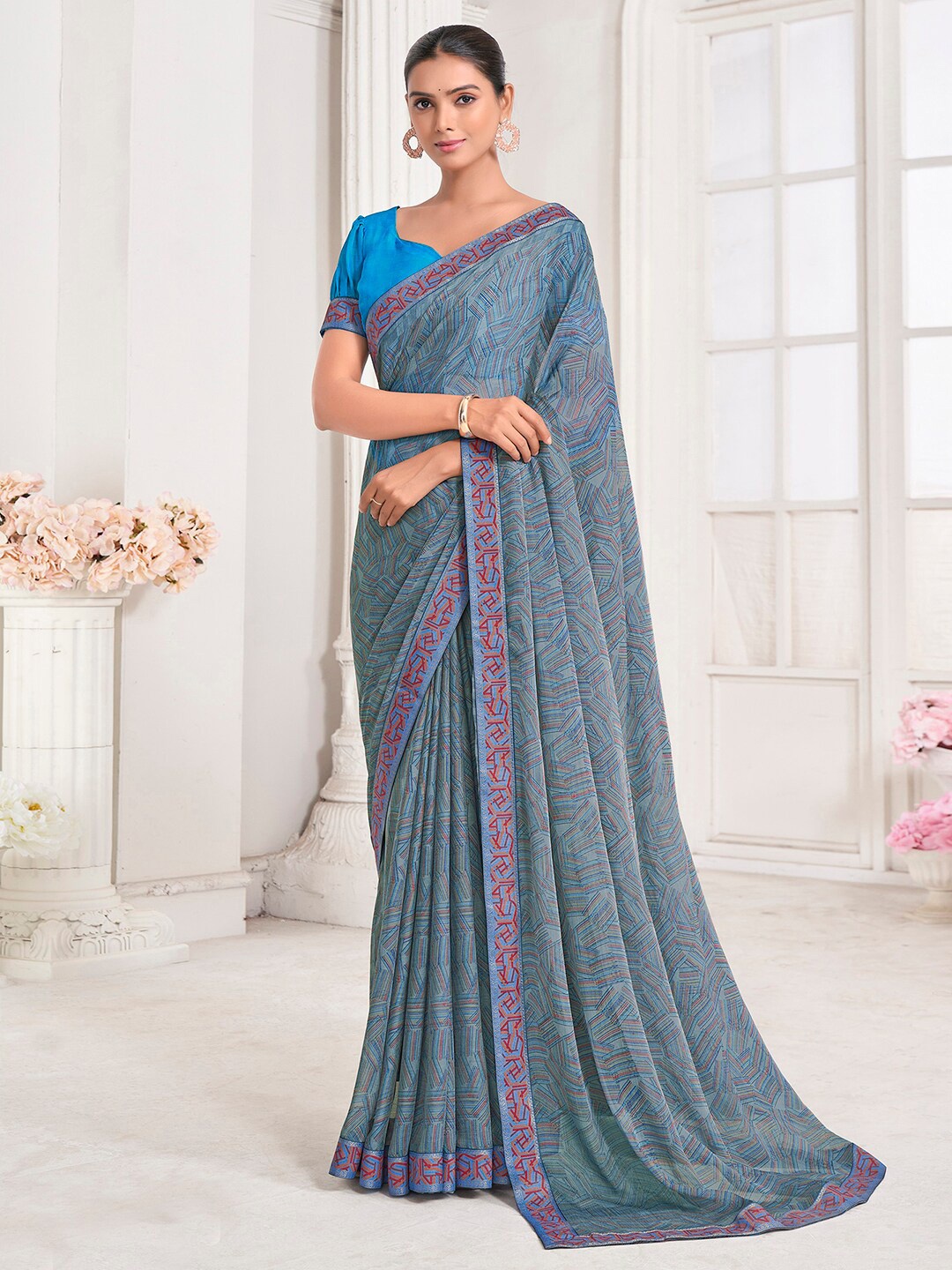 

Mitera Geometric Printed Pure Chiffon Saree, Blue