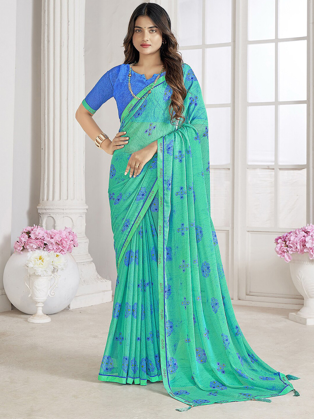 

Mitera Floral Beads and Stones Pure Chiffon Saree, Turquoise blue
