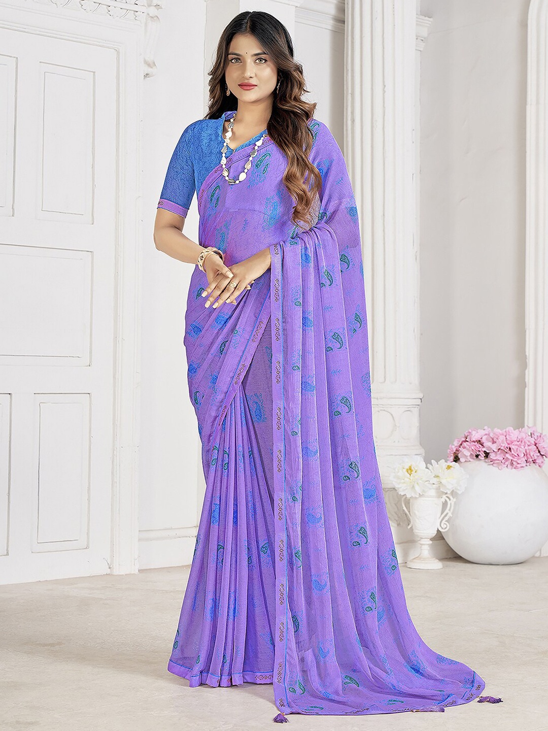 

Mitera Floral Printed Ikat Saree, Lavender