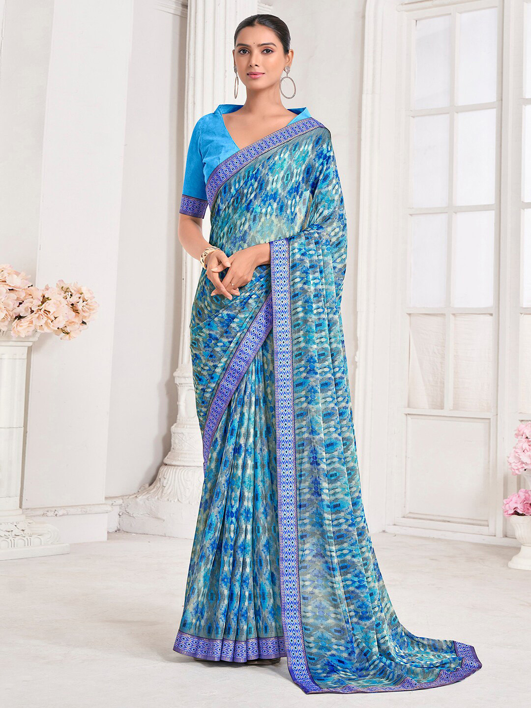 

Mitera Geometric Printed Pure Chiffon Chanderi Saree, Blue