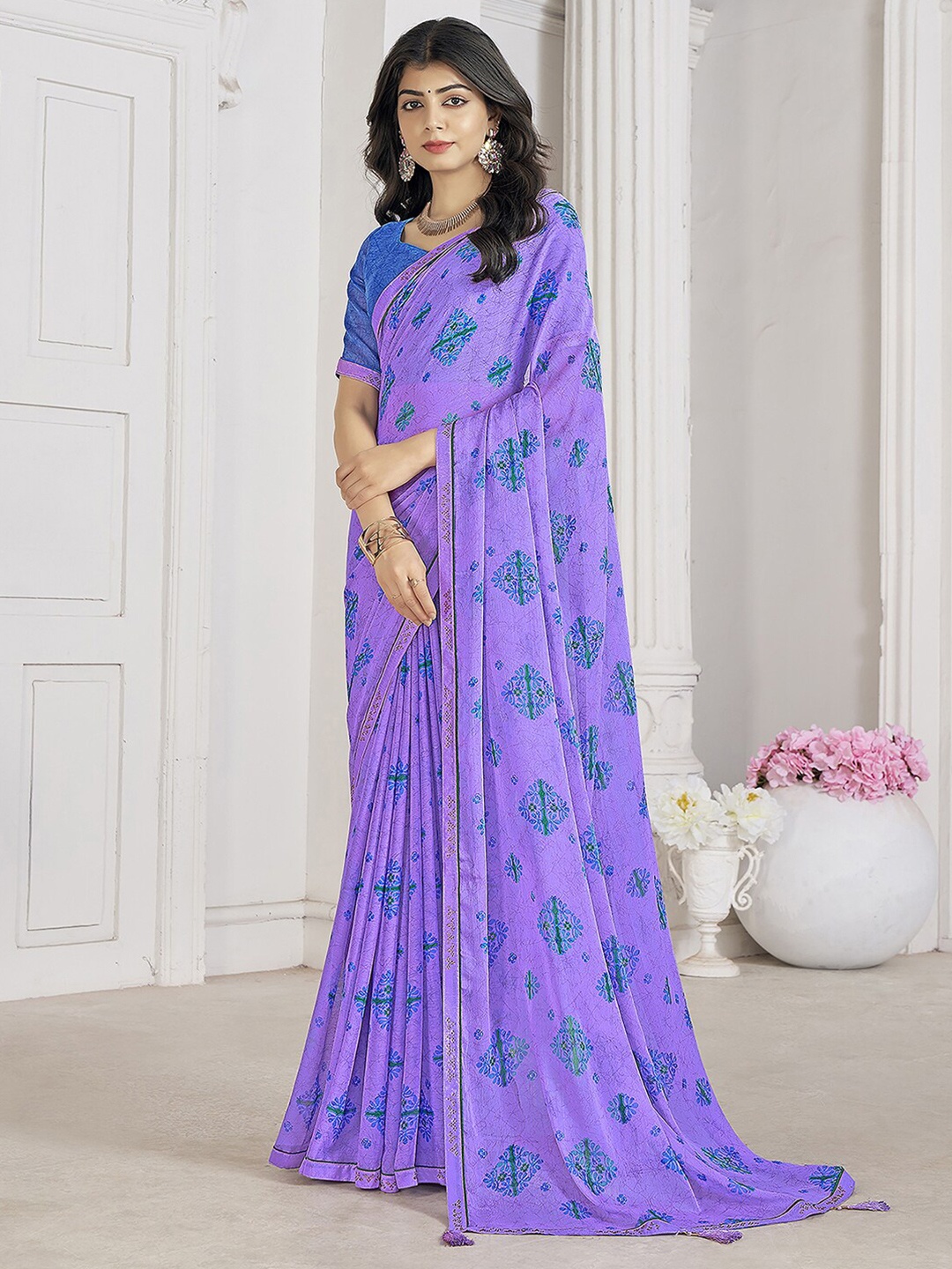 

Mitera Floral Beads and Stones Pure Chiffon Ikat Saree, Lavender