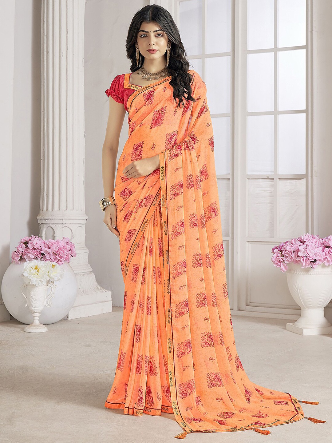 

Mitera Floral Printed Ikat Saree, Orange
