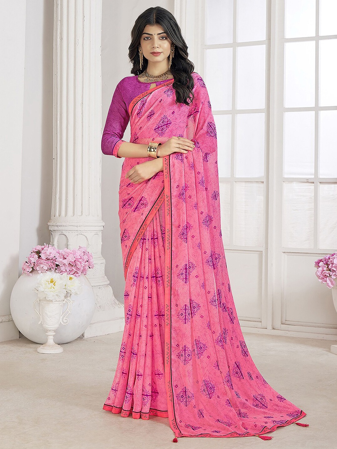 

Mitera Floral Printed Beads and Stones Ikat Saree, Peach