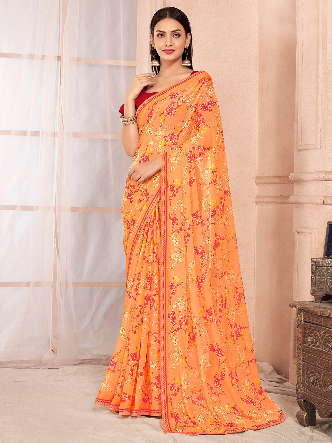 

Mitera Floral Printed Embroidered Saree, Orange