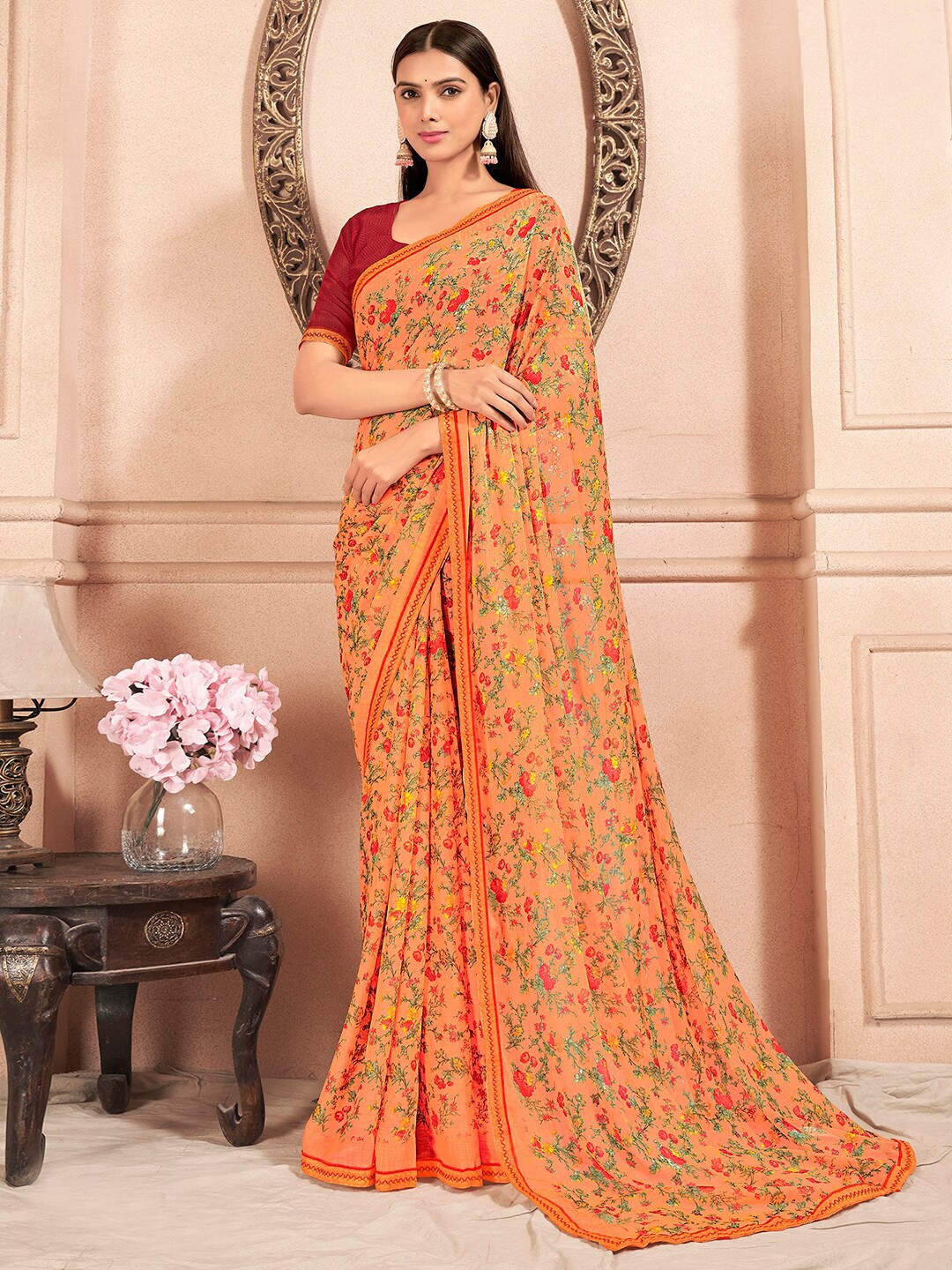 

Mitera Floral Embroidered Pure Chiffon Saree, Orange