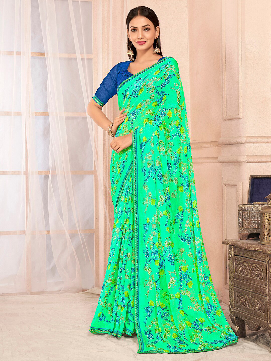 

Mitera Floral Printed Pure Chiffon Saree, Green