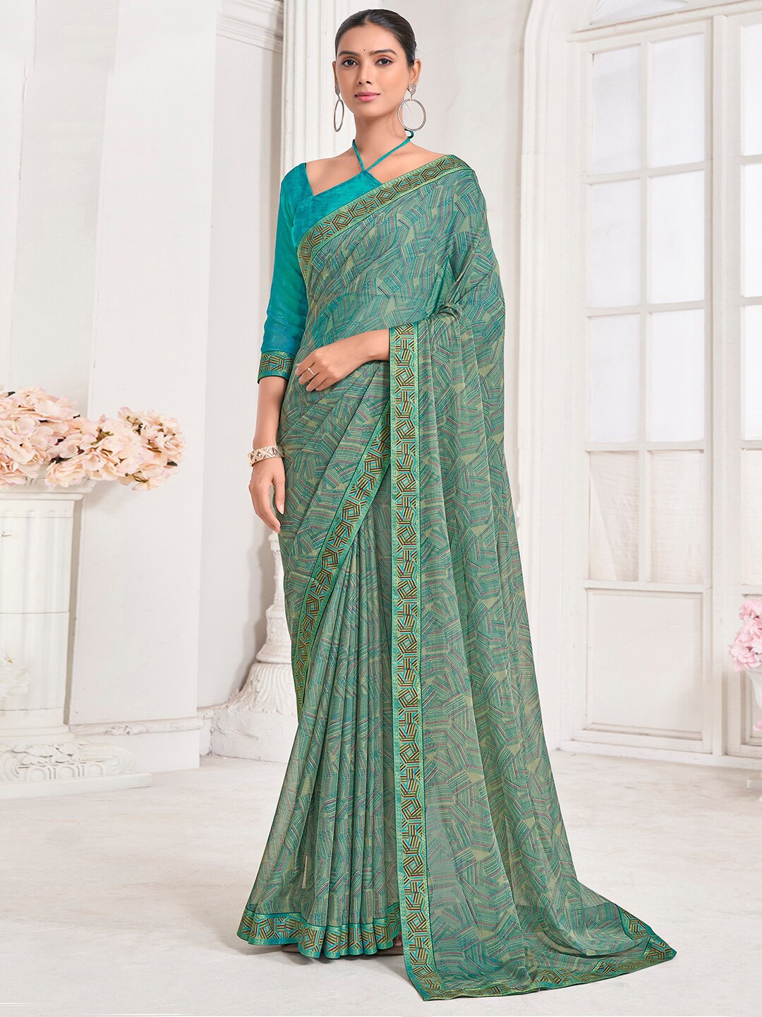 

Mitera Abstract Printed Pure Chiffon Chanderi Saree, Green