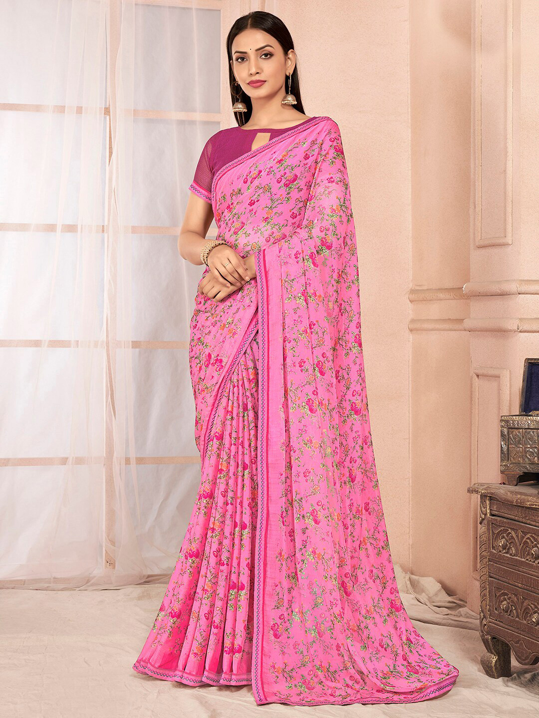 

Mitera Floral Printed Embroidered Saree, Pink