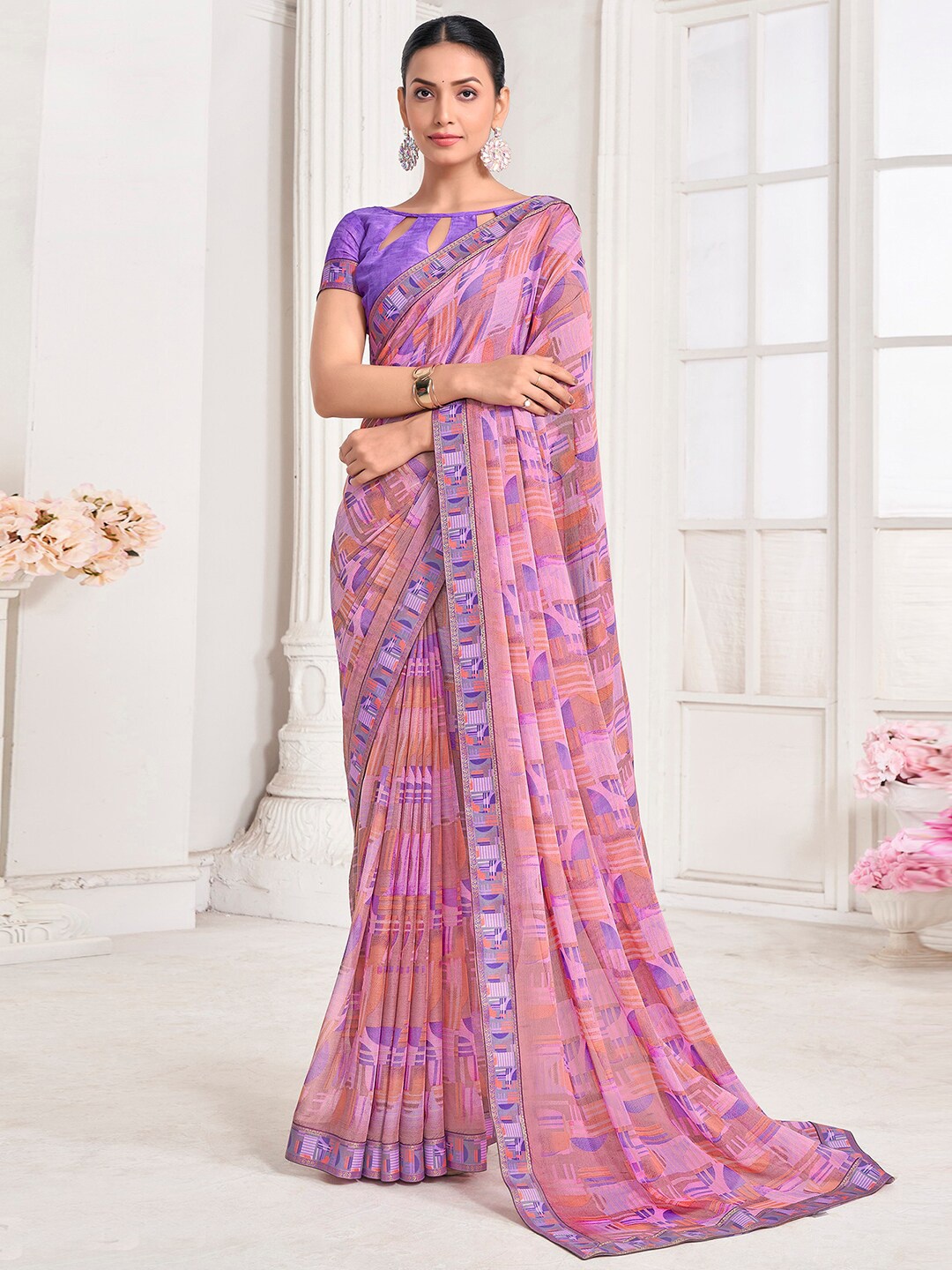 

Mitera Geometric Printed Chanderi Saree, Purple