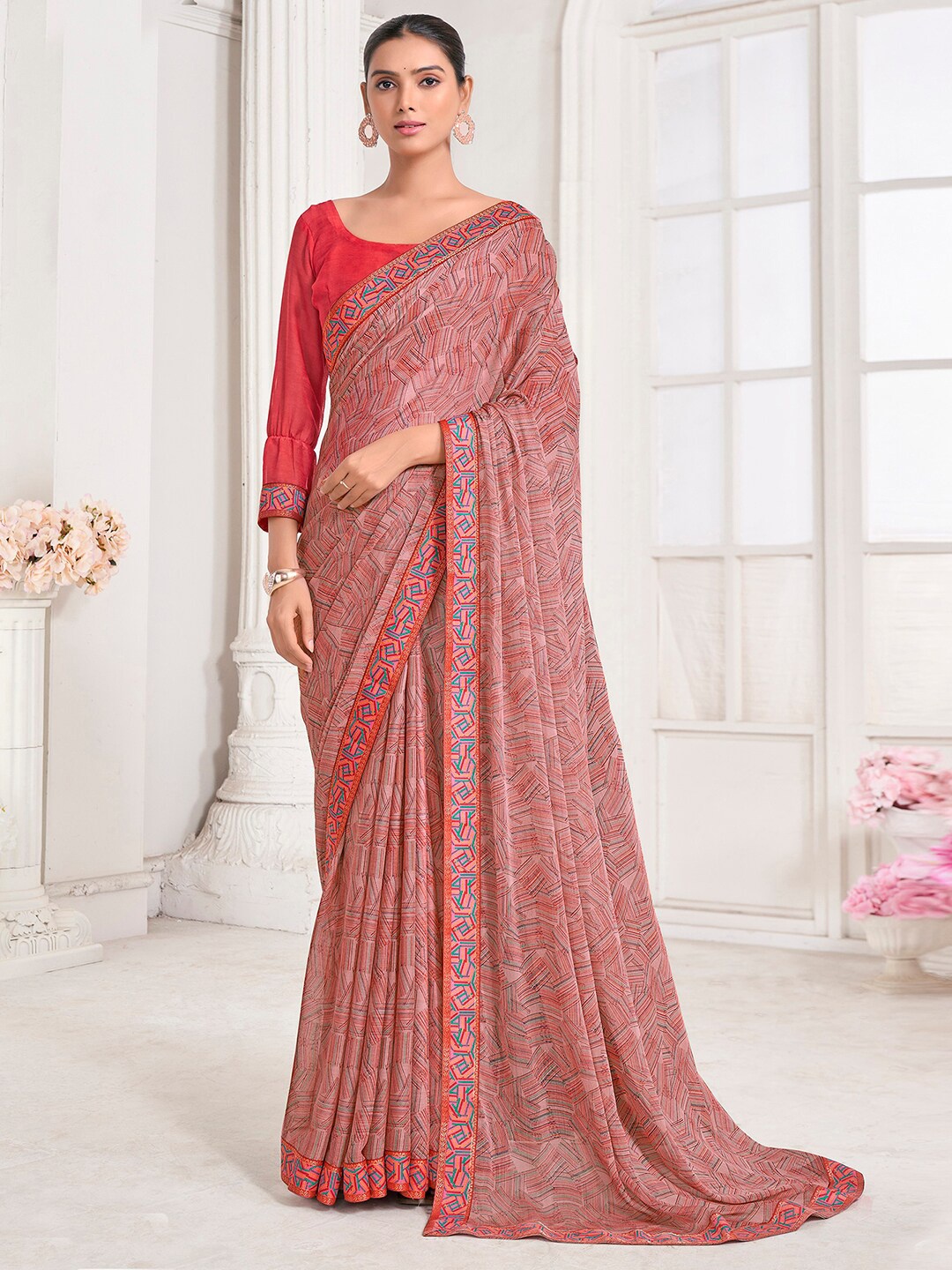 

Mitera Abstract Printed Pure Chiffon Saree, Peach