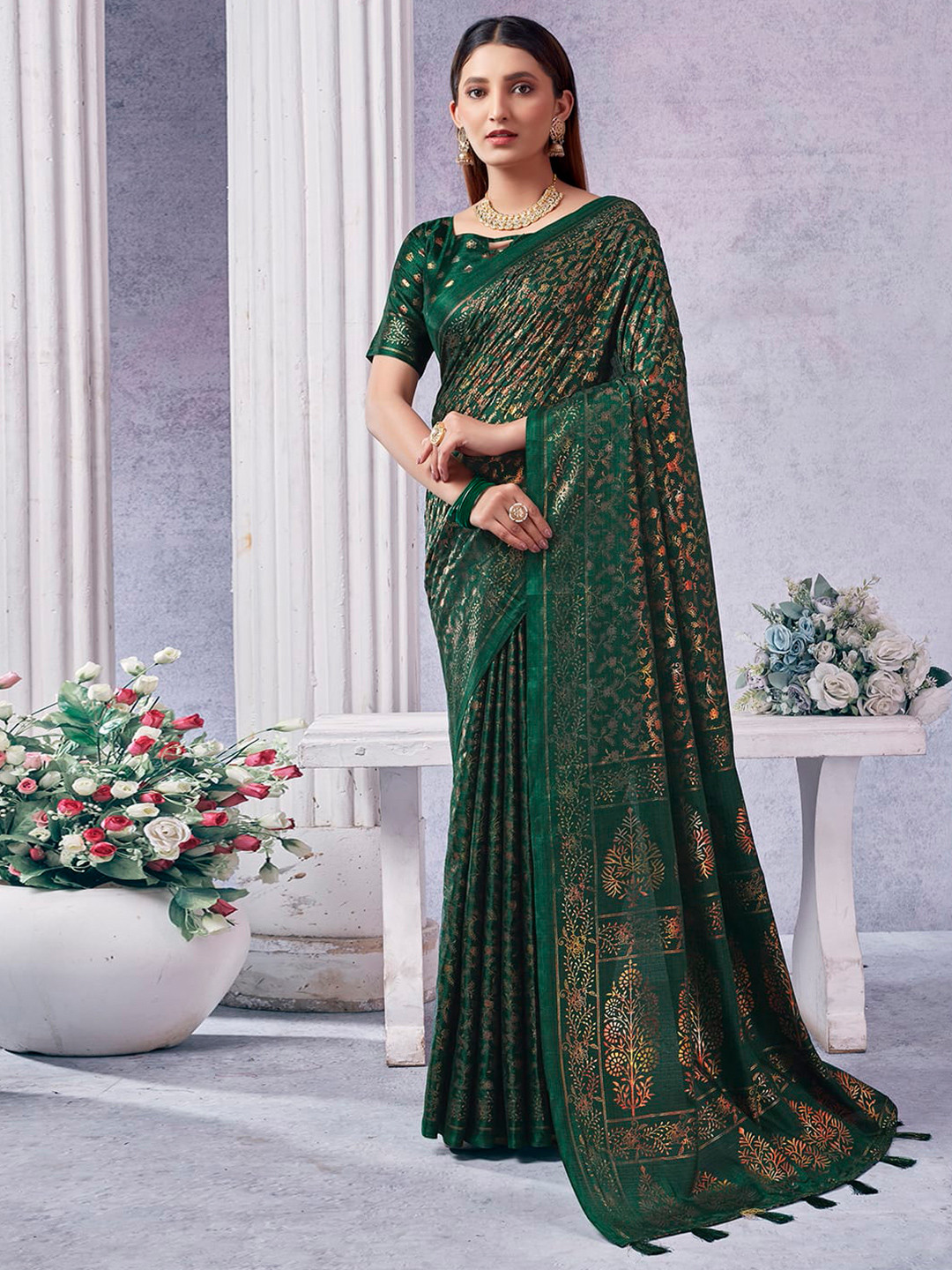 

Mitera Floral Printed Zari Ikat Saree, Green