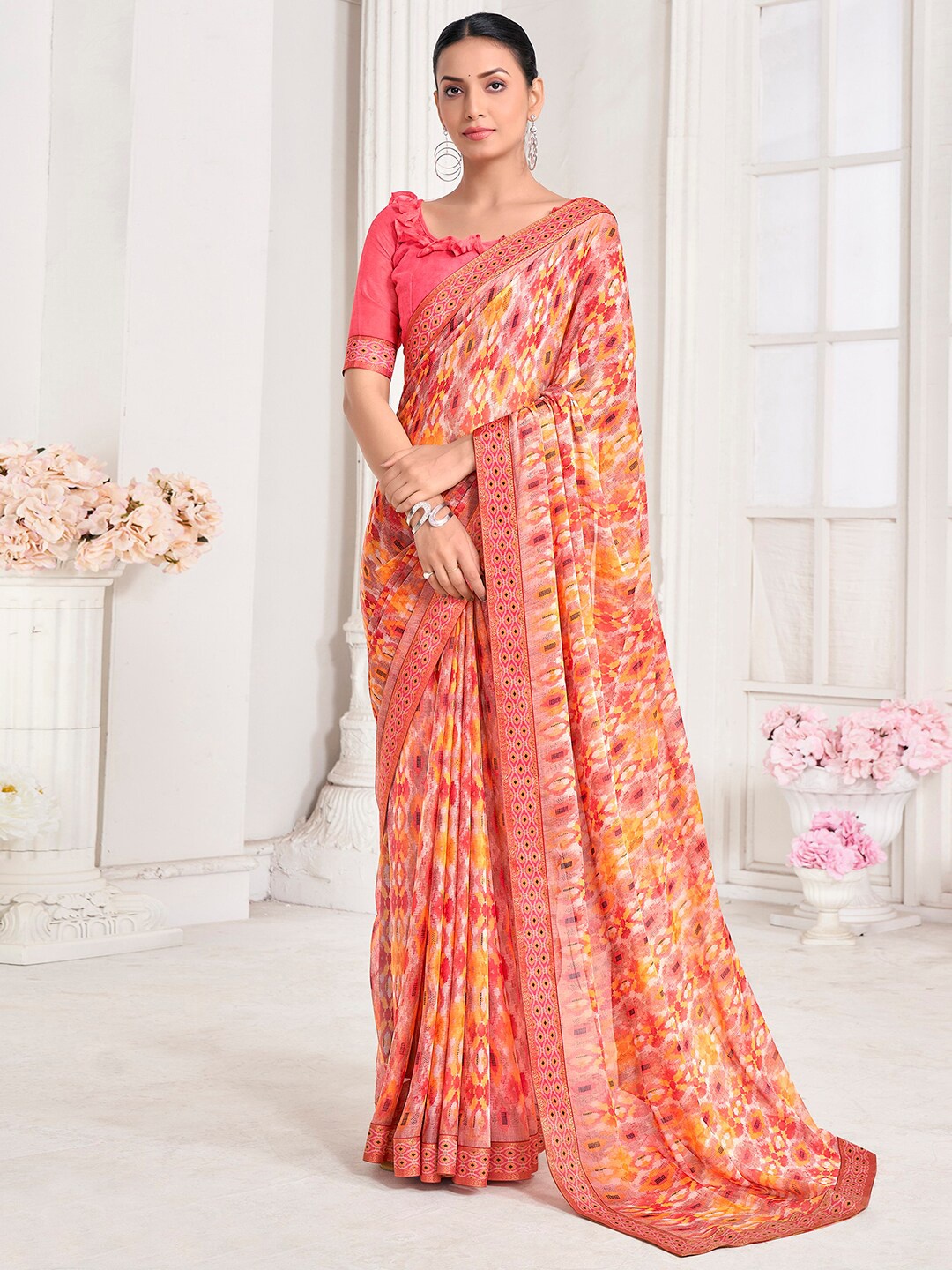 

Mitera Pure Chiffon Chanderi Saree, Peach
