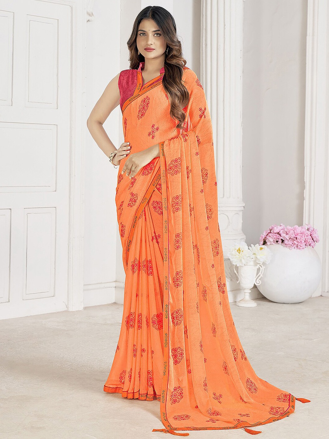 

Mitera Floral Printed Beads and Stones Pure Chiffon Saree, Orange
