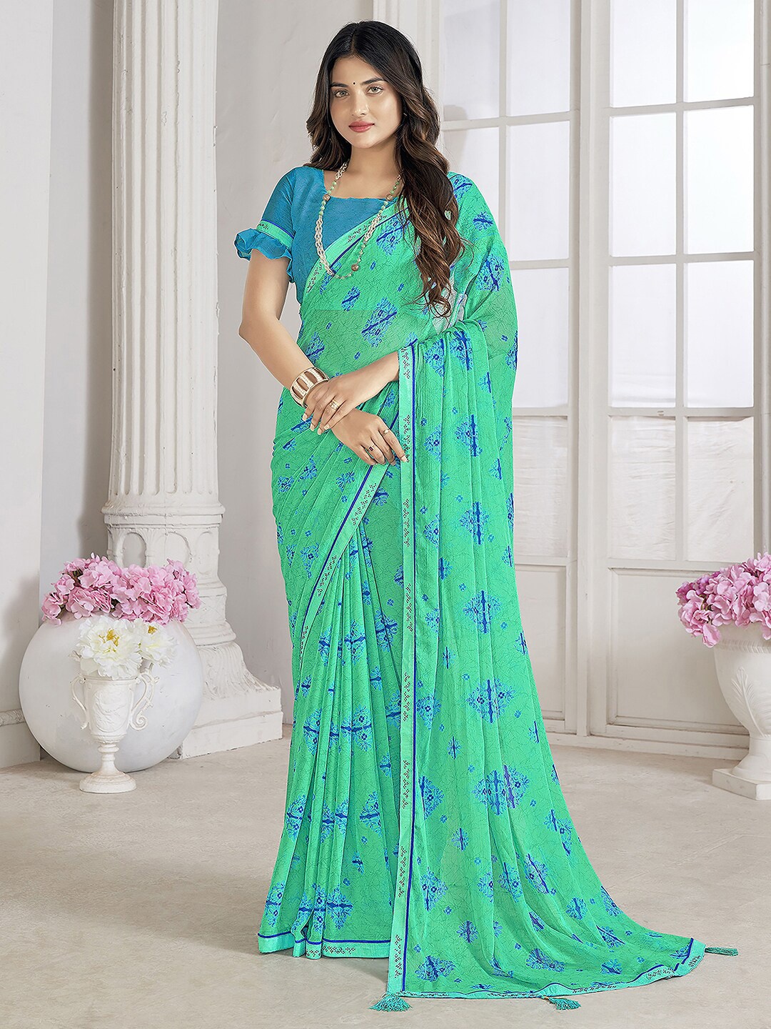 

Mitera Floral Beads and Stones Pure Chiffon Saree, Turquoise blue