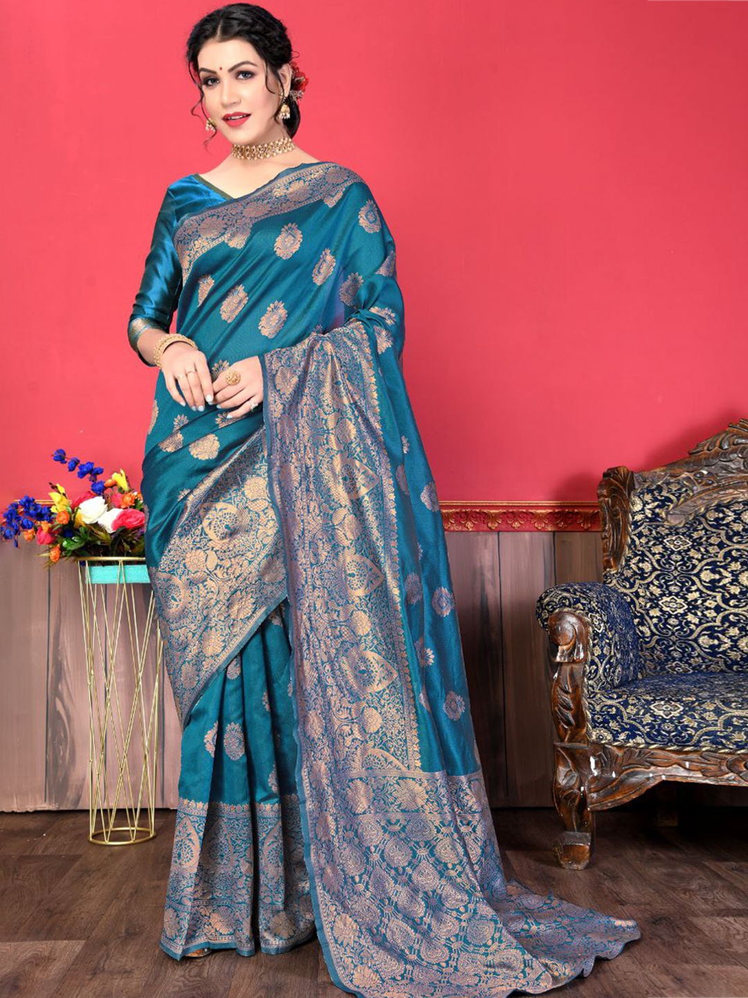 

Marziyaa Ethnic Woven Design Zari Silk Cotton Banarasi Saree, Green