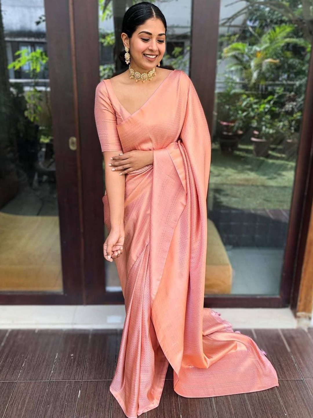 

Marziyaa Zari Silk Cotton Banarasi Saree, Peach
