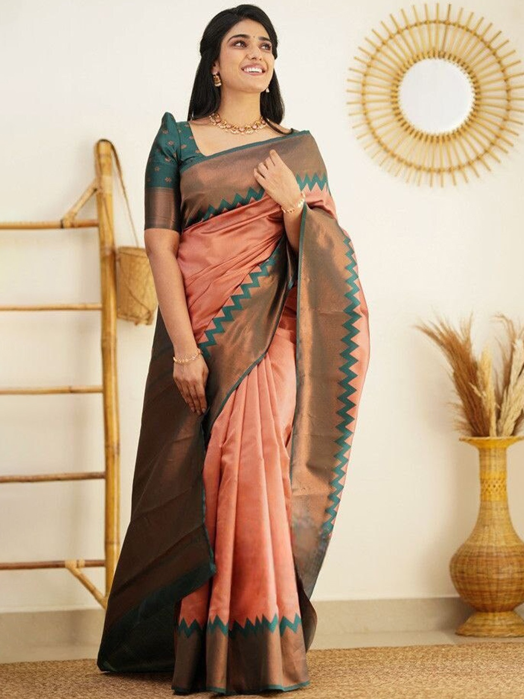 

Marziyaa Ethnic Motifs Woven Design Zari Silk Cotton Banarasi Saree, Peach