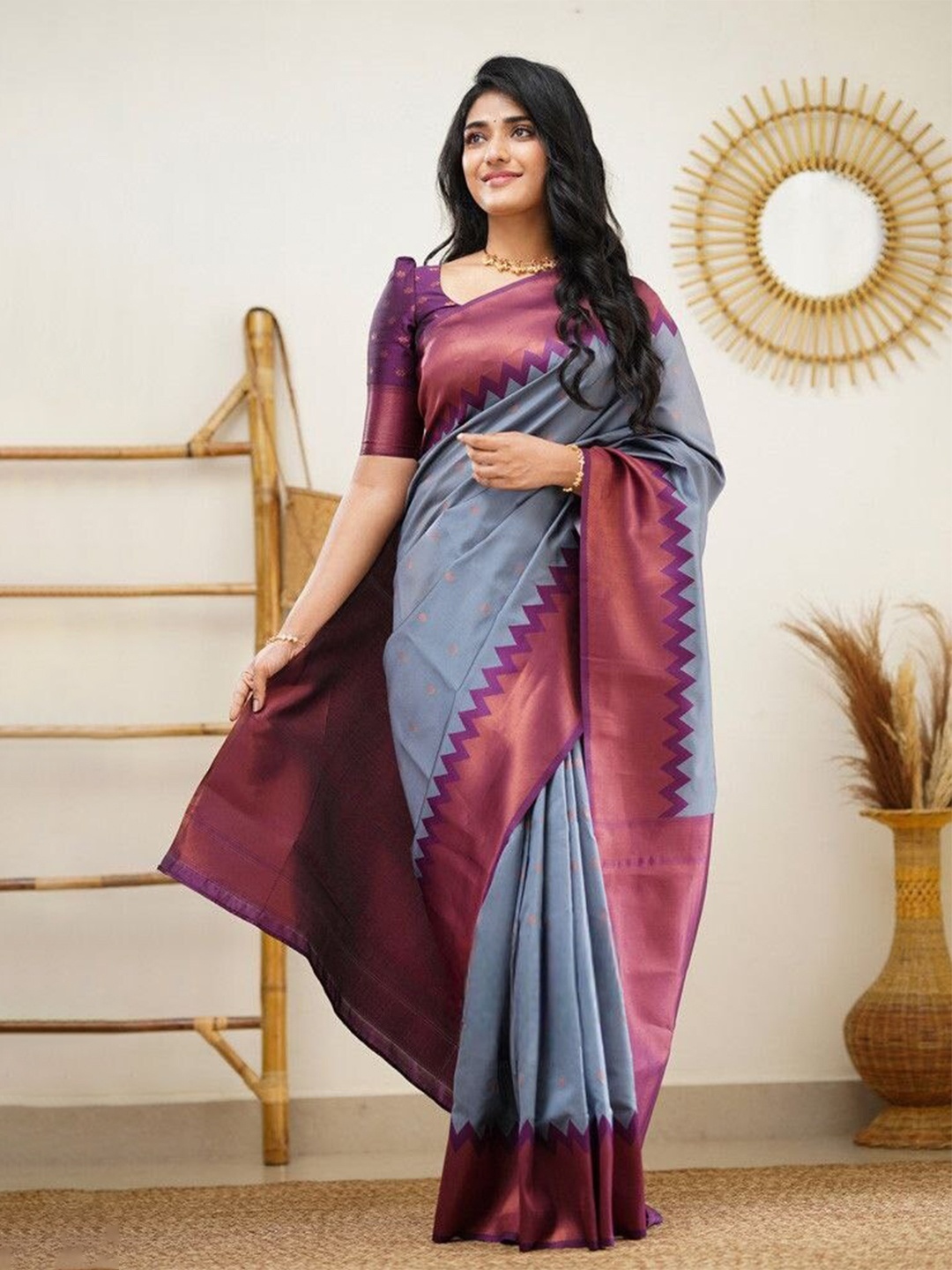 

Marziyaa Woven Design Silk Cotton Banarasi Zari Saree, Grey