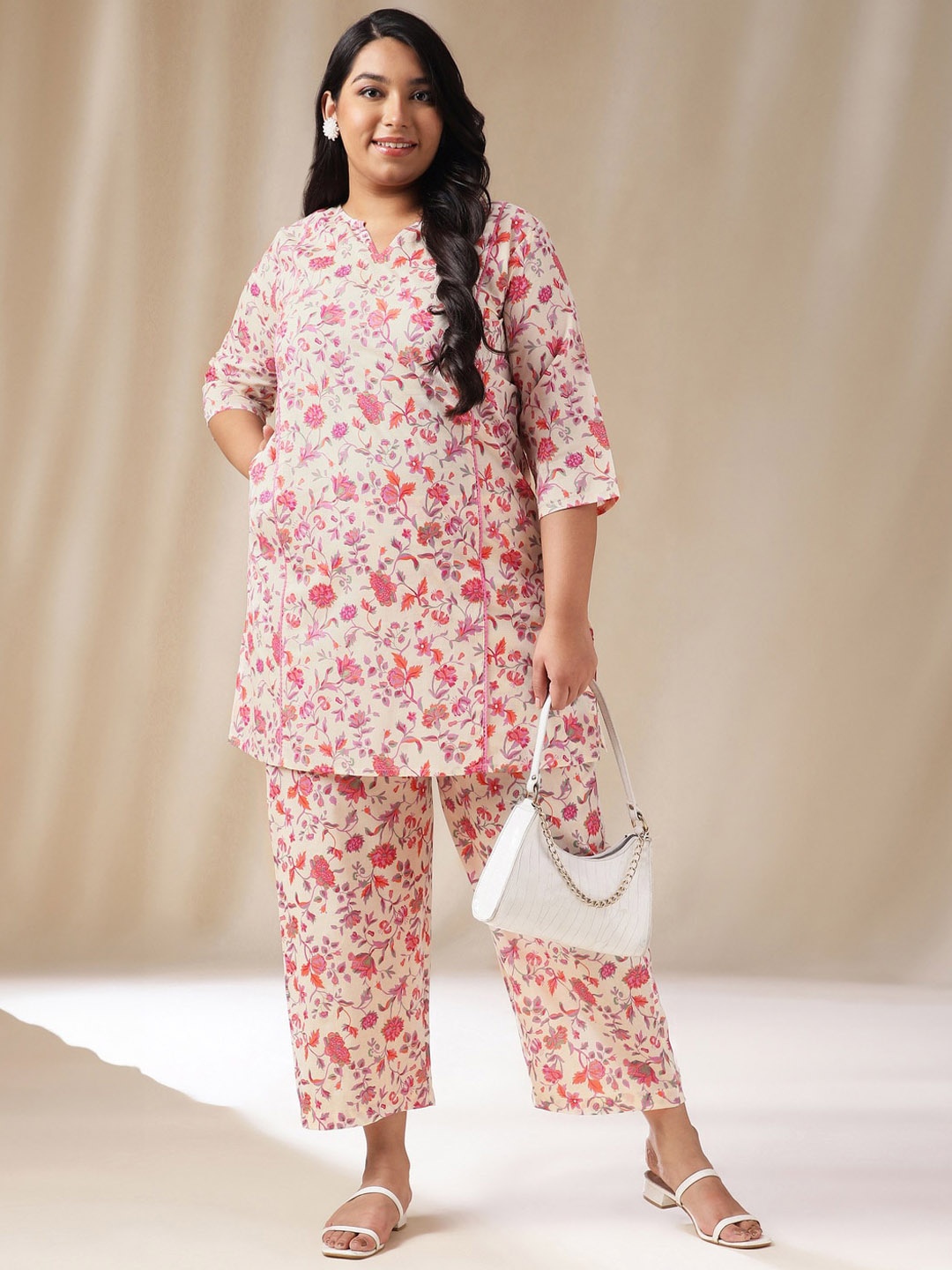 

Janasya Plus Size Floral Printed Pure Cotton Top With Trousers, Cream
