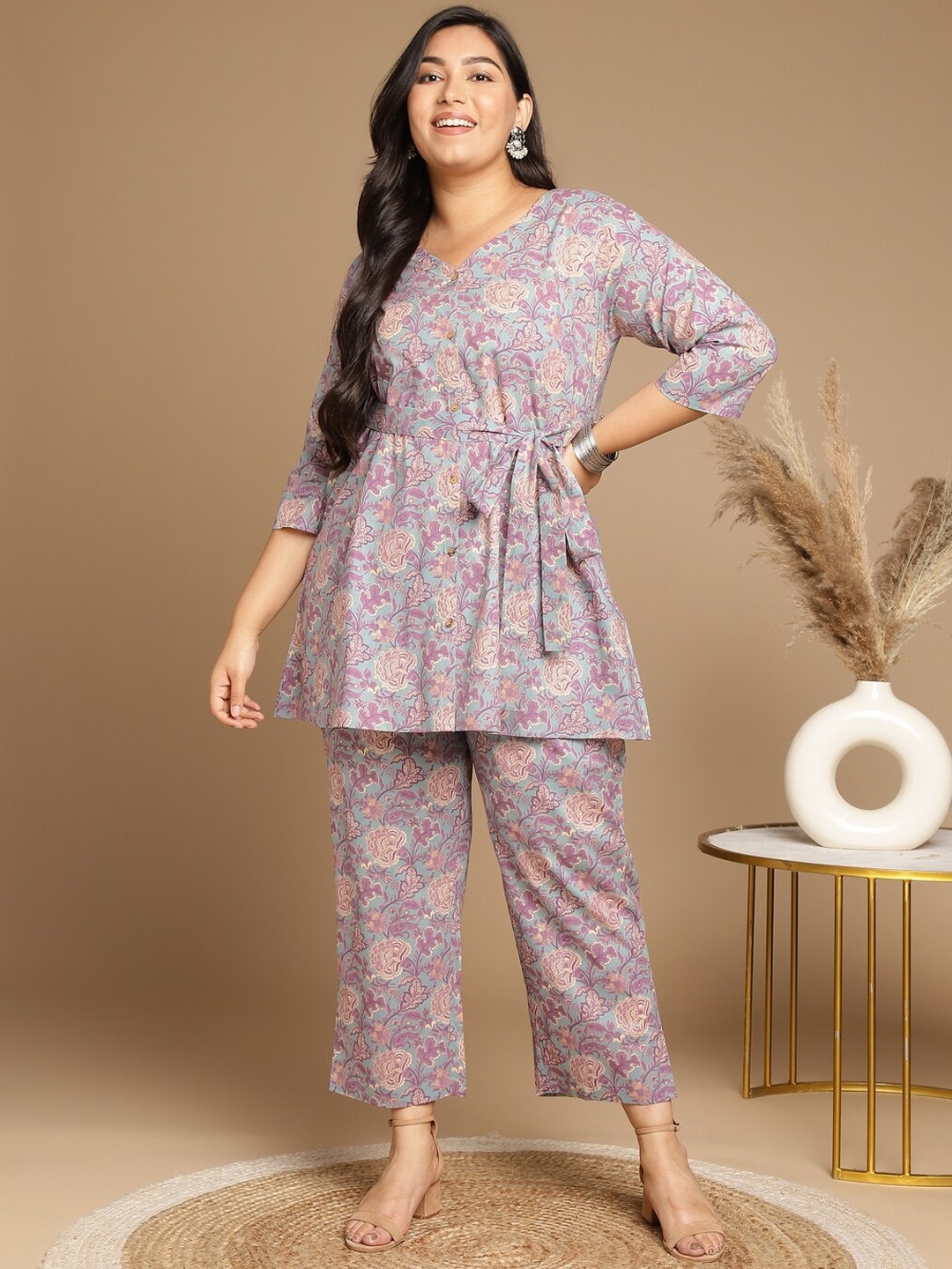 

Janasya Plus Size Floral Printed Pure Cotton Top With Trousers, Blue