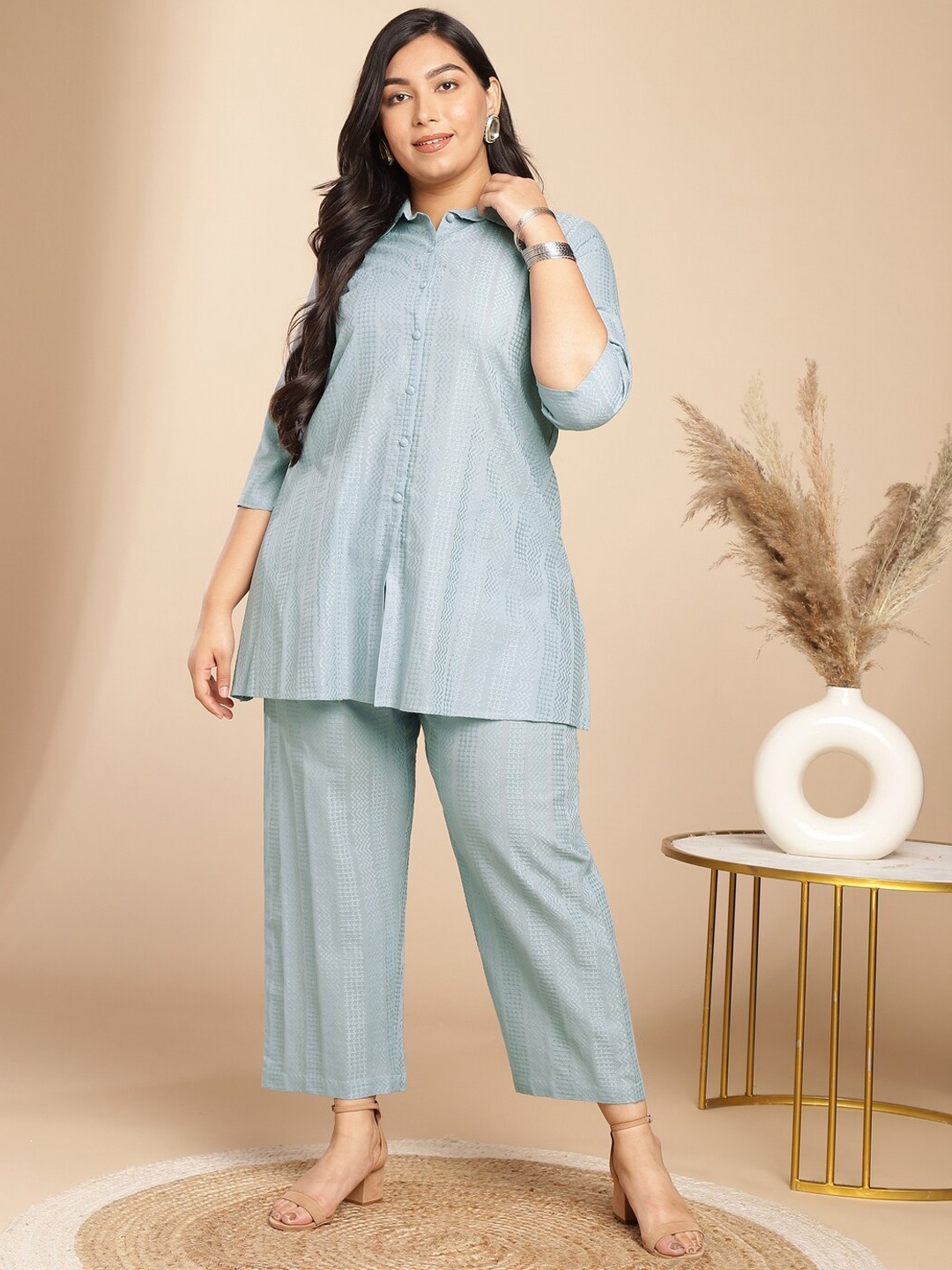 

Janasya Cotton Jecquard Self Design Co-ord Set, Blue