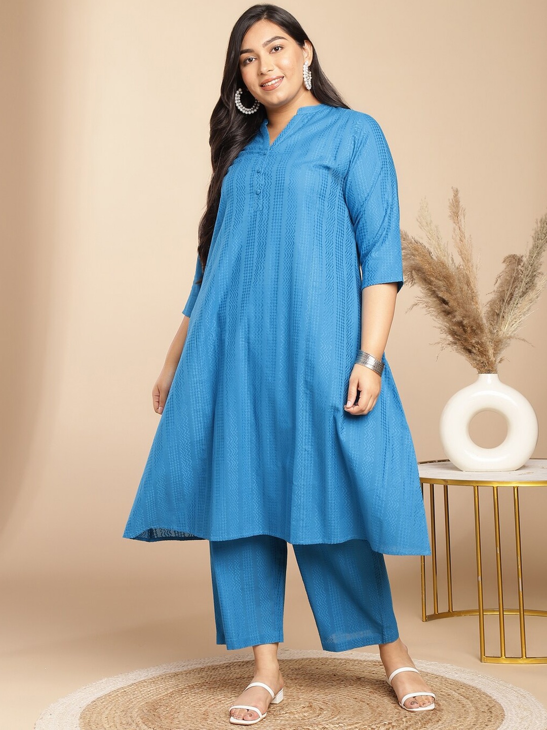 

Janasya Cotton Self Design A-Line Co-ord Set, Teal