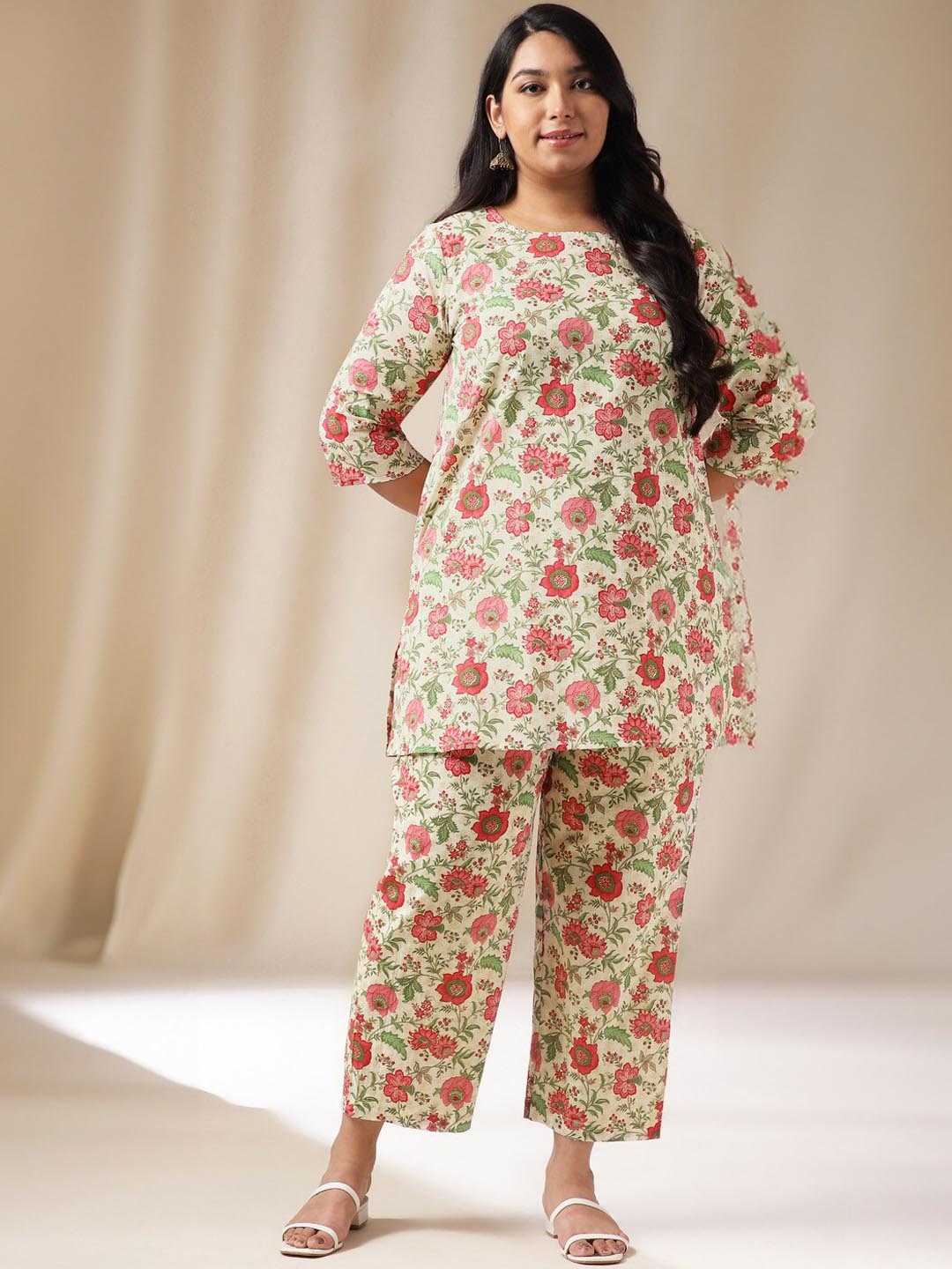 Janasya Plus Size Floral Print Pure Cotton Tunic & Trousers Co-Ords, Off white