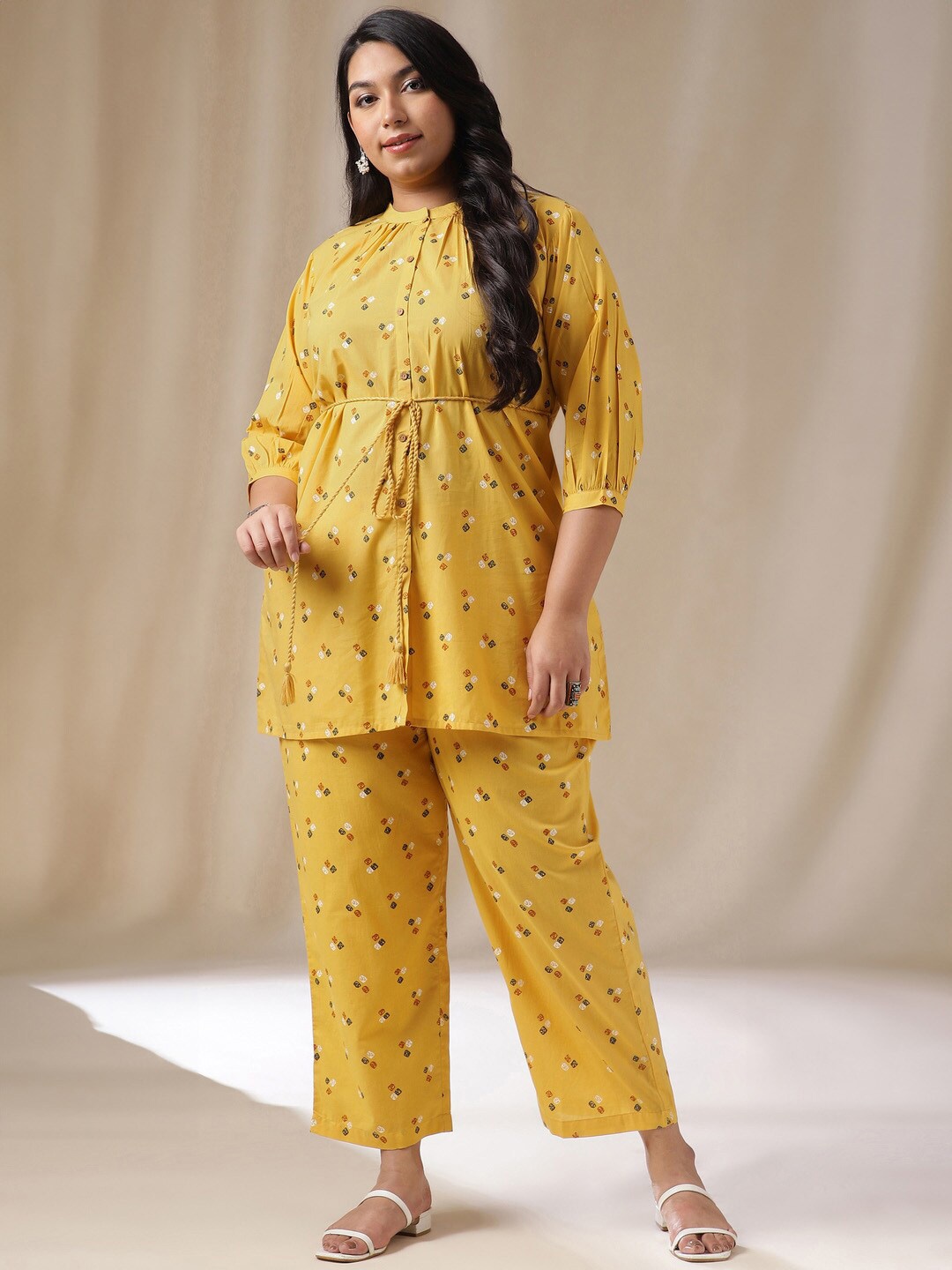 

Janasya Plus Size Bandhani Printed Pure Cotton Tunic With Trousers, Mustard